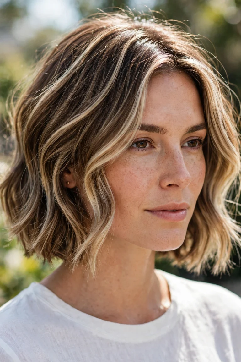 A woman with a chin-length textured bob in soft waves, photographed in bright daylight, with airy balayage ribbons visible through the top layers and around her face.