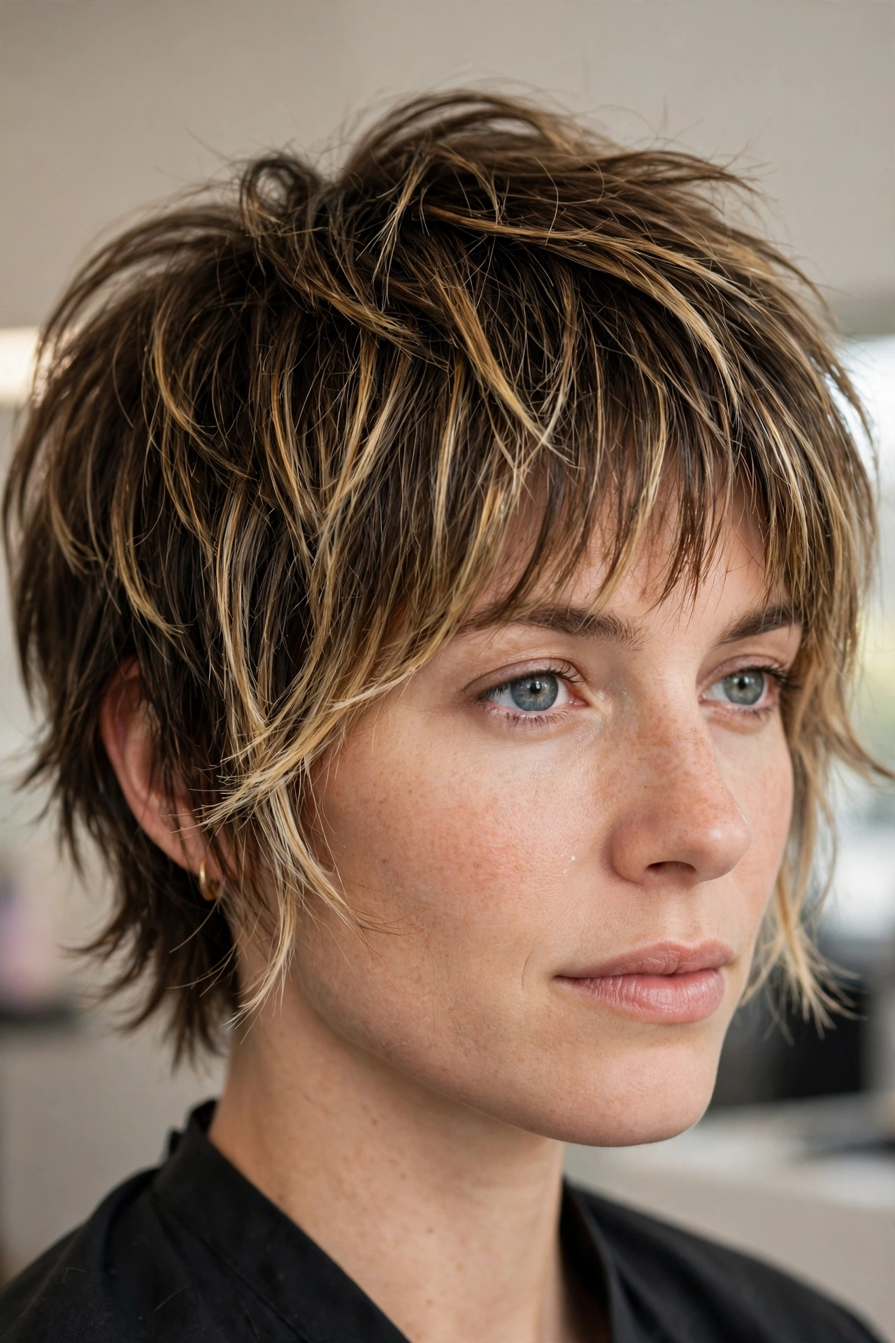 Close-up of a short shag haircut with feathered balayage lights through the layered ends, photographed in a bright salon against a neutral background.