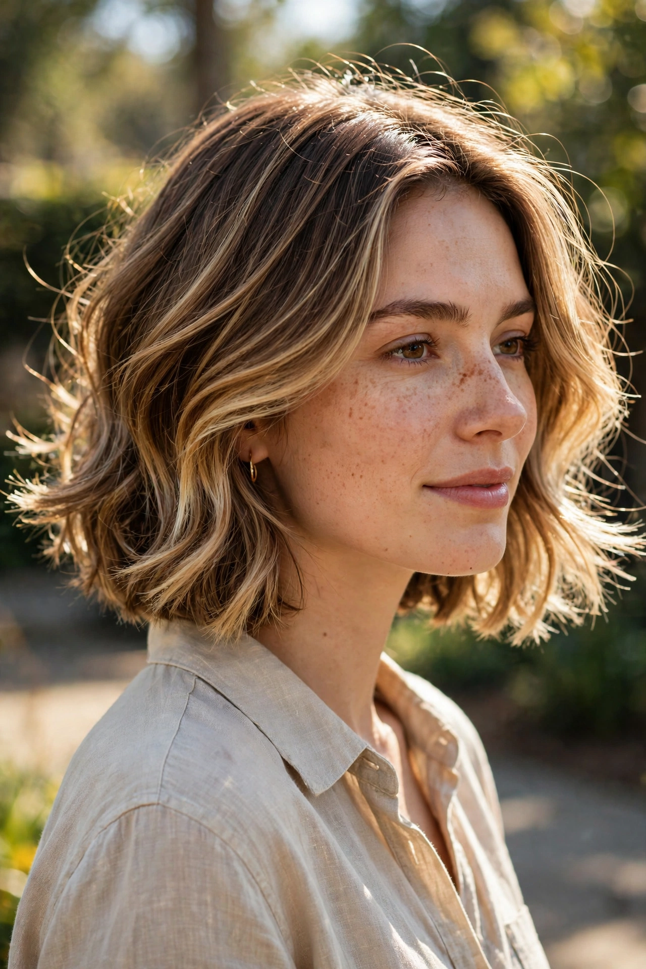 A woman with a jaw-length bob styled with flicked, bouncy ends, shown in three-quarter view outdoors, with sunlit balayage slices catching the light.