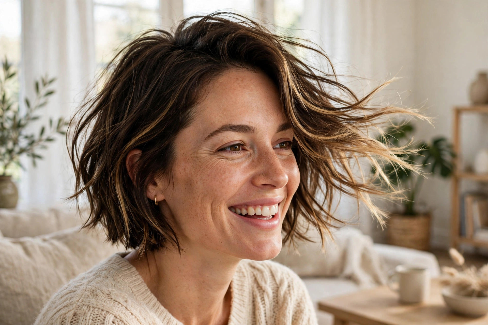 A woman with a tousled short bob laughing softly in a bright living room, with golden balayage ribbons visible as the hair moves.