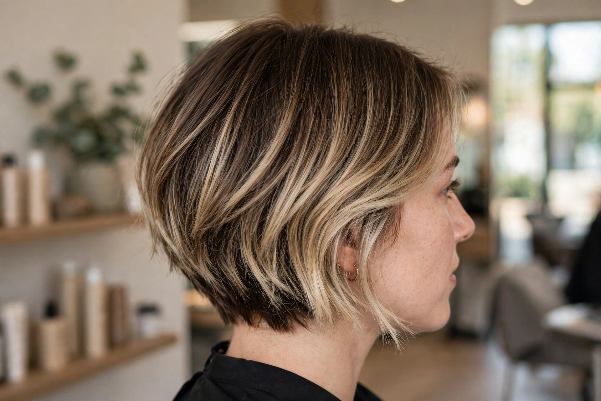 Back and side view of a short layered bob in a salon, showing soft, diffused balayage blending from a darker root into lighter ends.