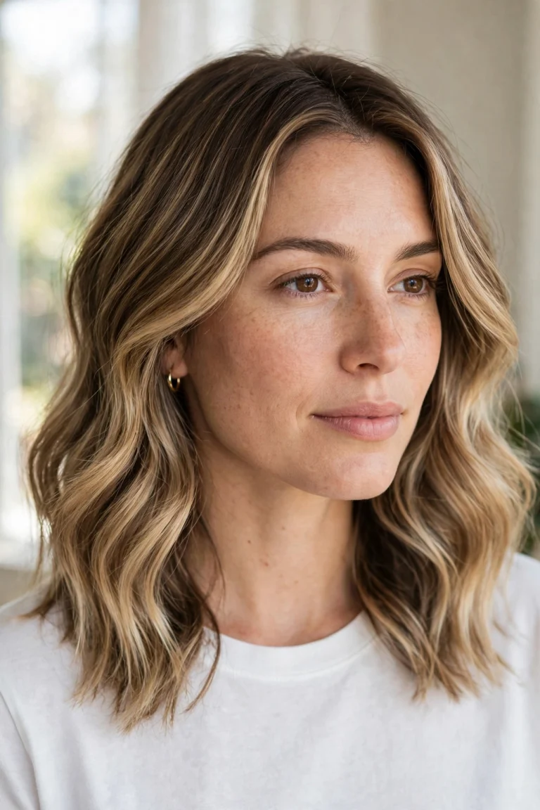 A woman with shoulder-length hair in soft, brushed-out waves, photographed in bright natural light, with a seamless balayage blend from a darker root to softly lightened ends.