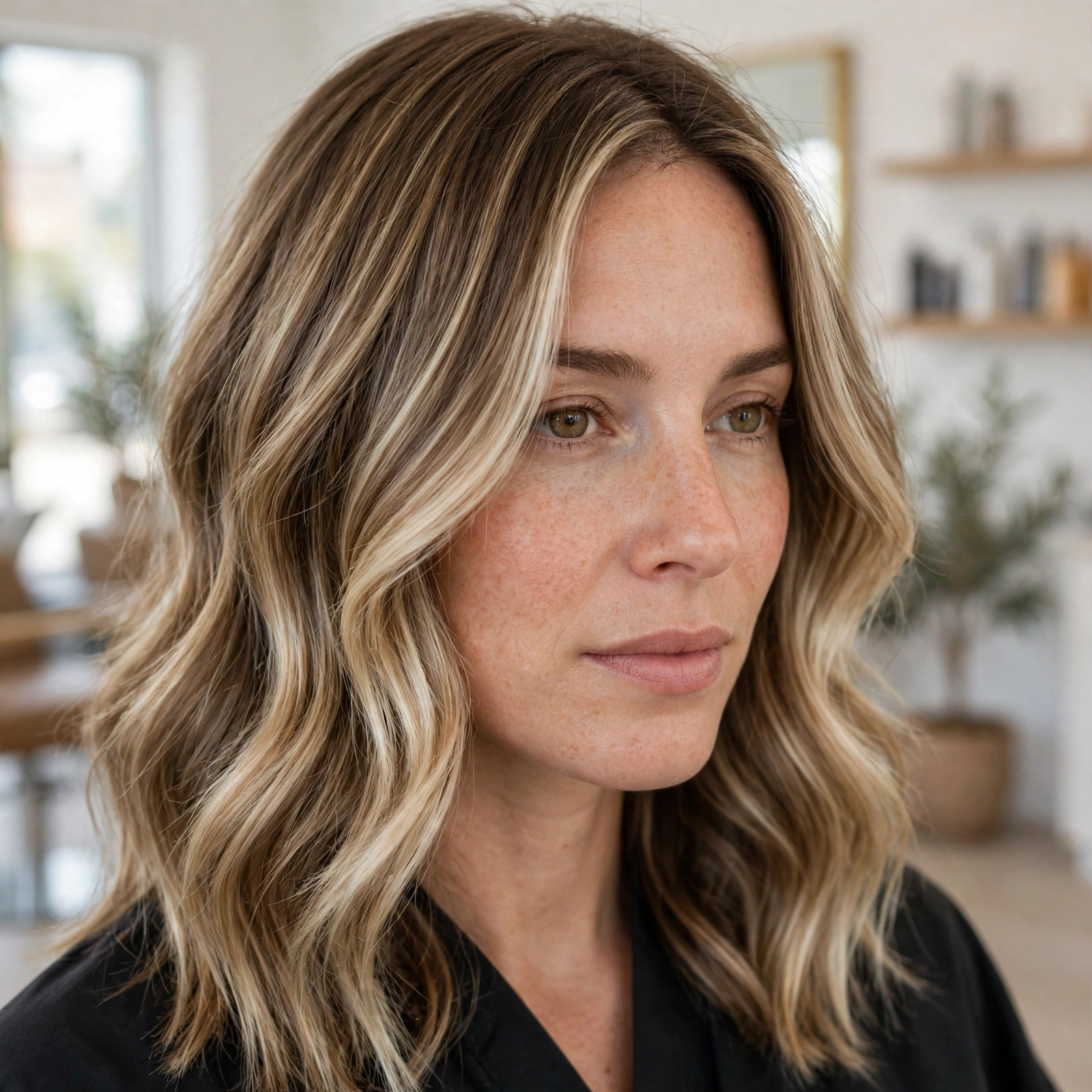 Close-up of medium-length hair showing diffused, feathered balayage ribbons with no harsh lines, photographed in a bright salon.