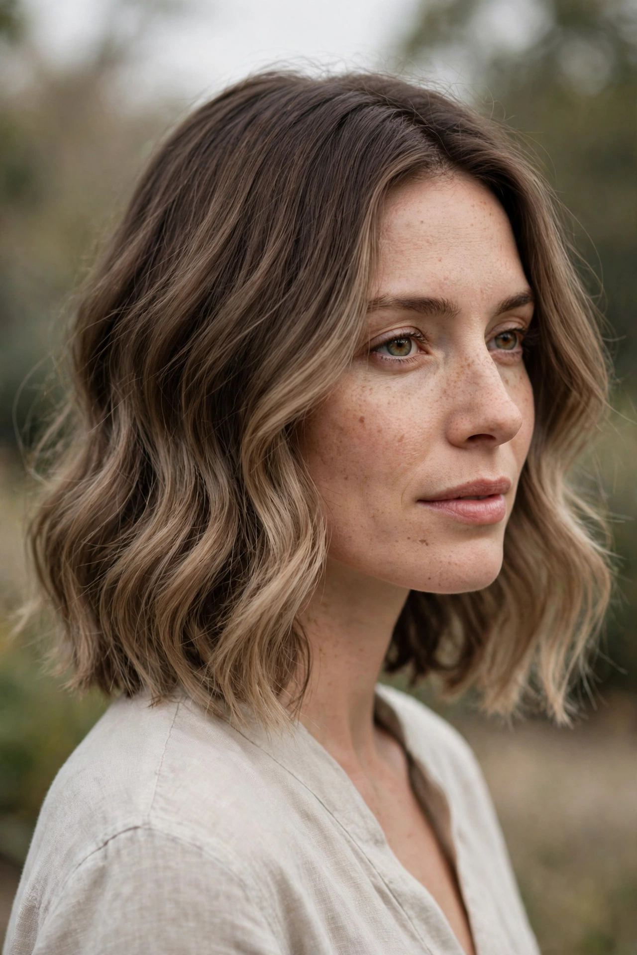 A woman with a collarbone-length lob in gentle waves, shown in three-quarter view outdoors, with a muted, softly blended colour transition.