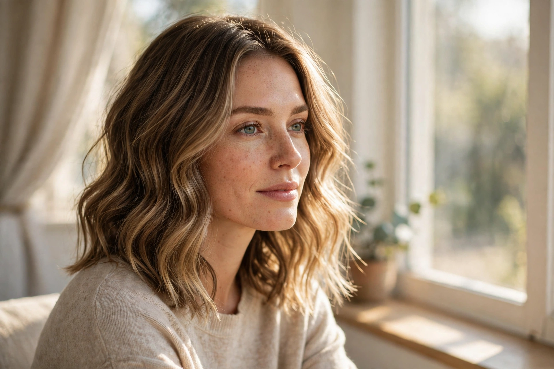 A woman with medium wavy hair sitting by a sunny window, with a soft, airbrushed balayage glow visible through the layers.
