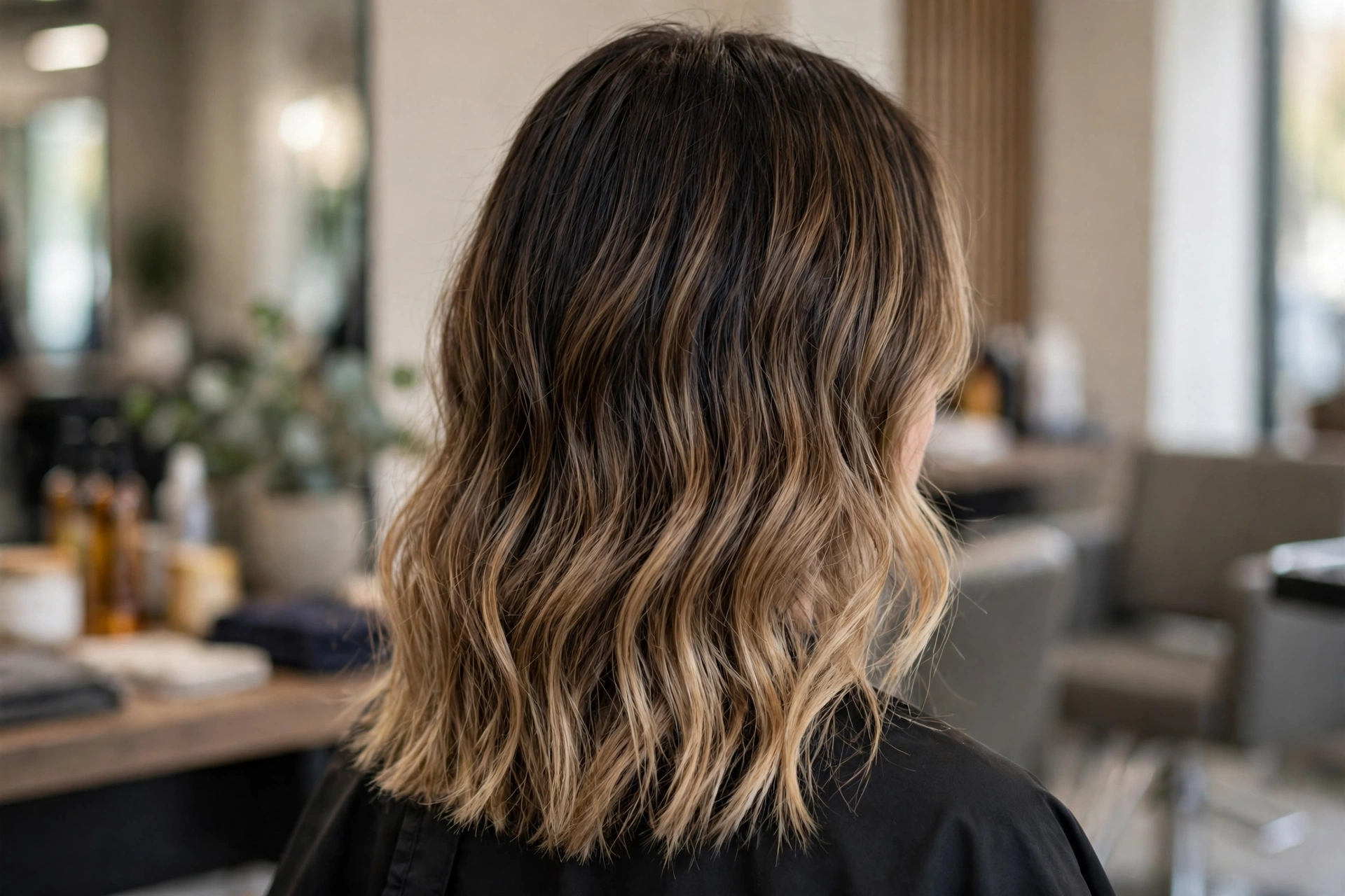 Back view of medium-length hair styled in loose waves in a salon, showing a smooth, gradual colour melt from root to tip.