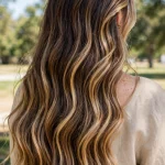 A woman with very long hair in loose, flowing waves, photographed from behind in bright daylight, with sweeping balayage ribbons running continuously from the mid-lengths to the ends.