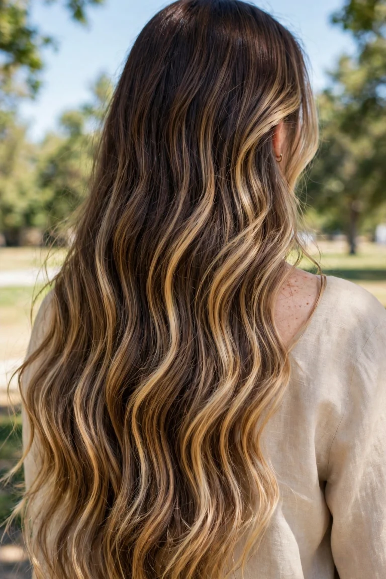 A woman with very long hair in loose, flowing waves, photographed from behind in bright daylight, with sweeping balayage ribbons running continuously from the mid-lengths to the ends.