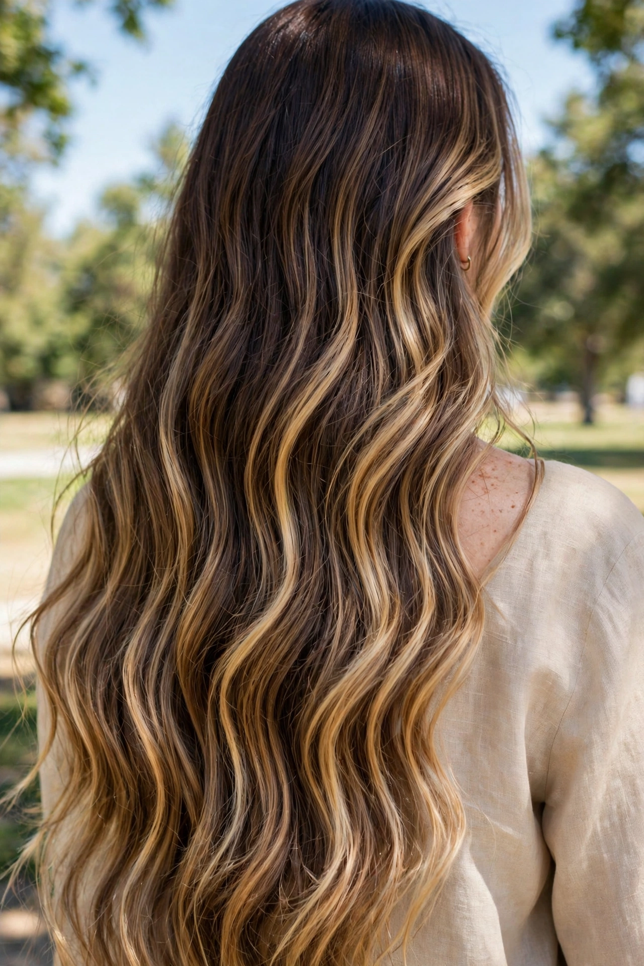 A woman with very long hair in loose, flowing waves, photographed from behind in bright daylight, with sweeping balayage ribbons running continuously from the mid-lengths to the ends.