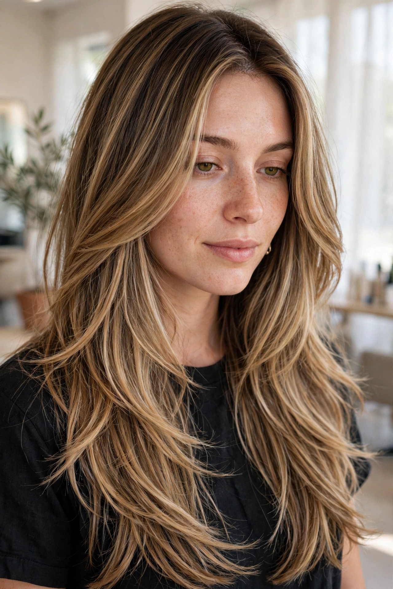 Close-up of long layered hair showing a cascading balayage blend, photographed in a bright salon with soft, diffused light.