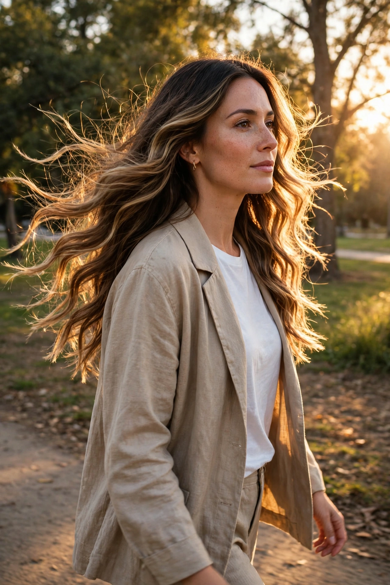 A woman with long wavy hair walking outdoors in golden afternoon light, with flowing sunlit balayage strands visible as her hair moves.
