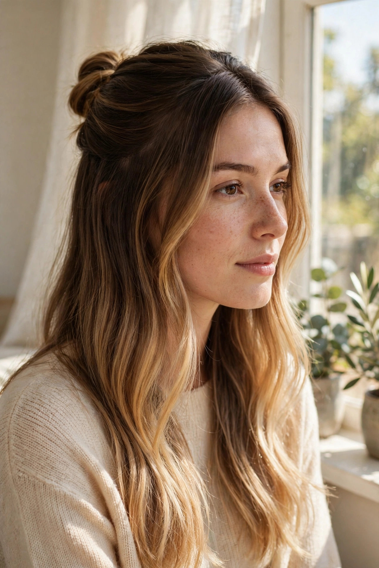 A woman with long hair styled in a half-up style by a sunny window, showing a smooth, flowing colour transition through the lengths.