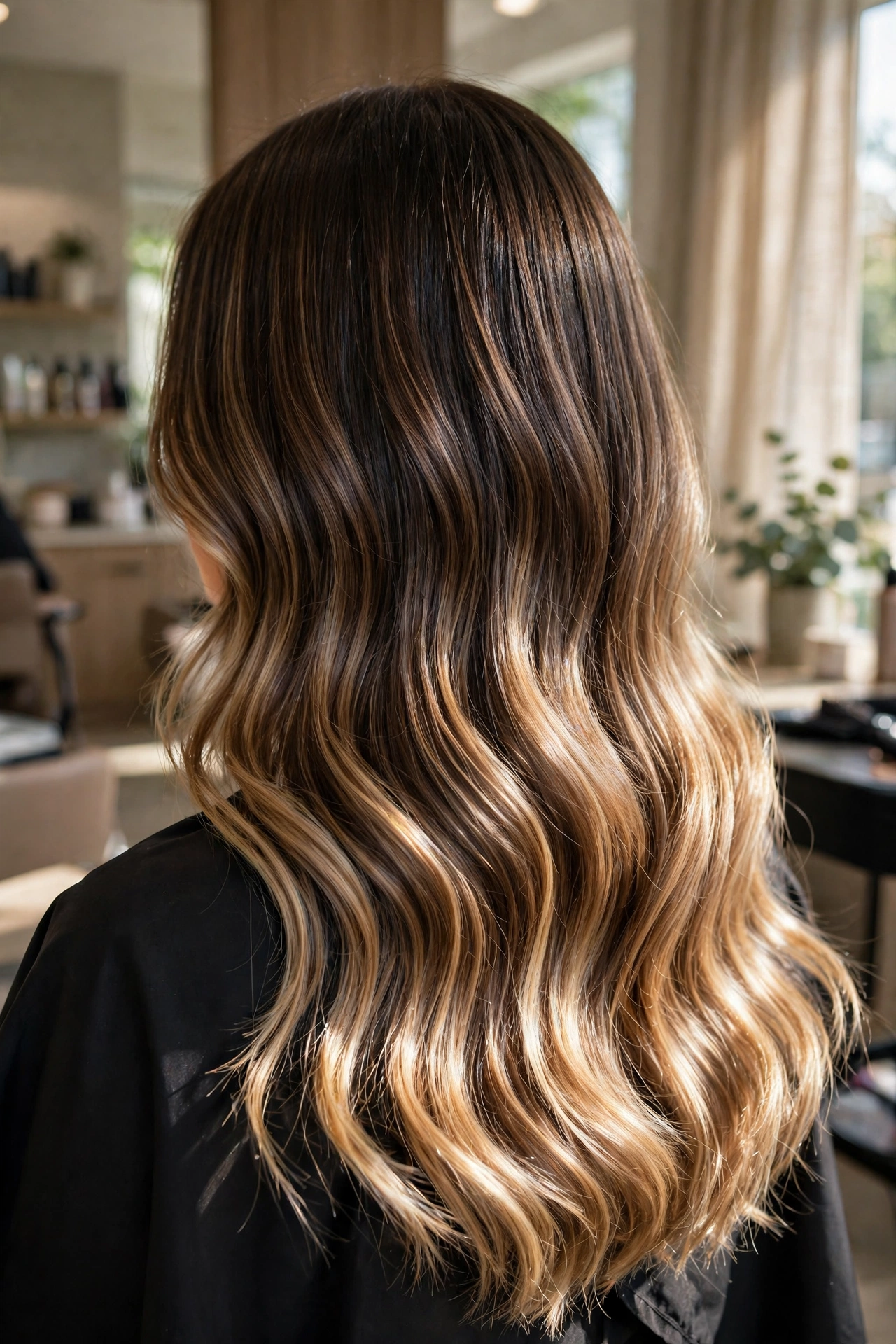 Back view of long, glossy hair in soft waves in a salon, with luminous balayage ends catching the light.