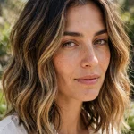 Dark roots with high-contrast golden face-framing highlights.