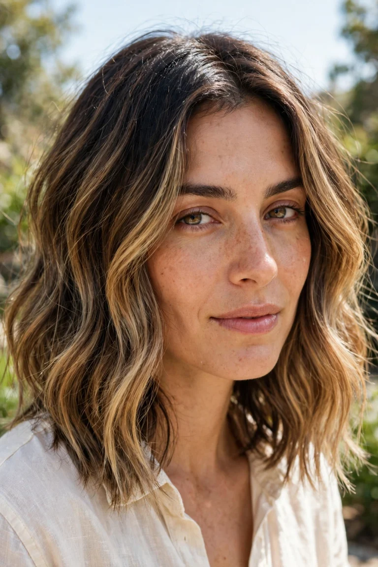 Dark roots with high-contrast golden face-framing highlights.
