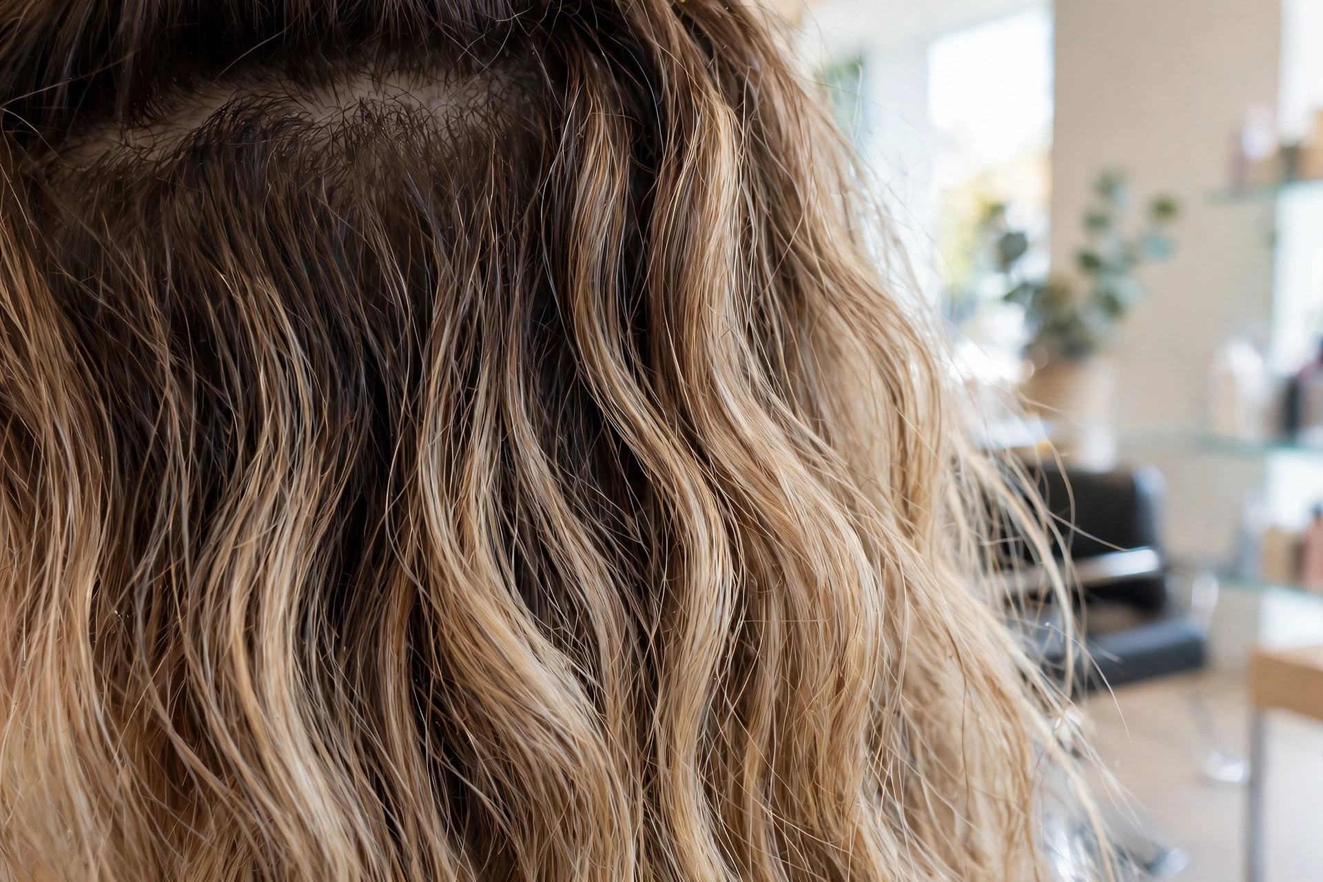 Close-up of a parting with visible scalp at the top left, showing a dark brown root shadow blending into wavy golden blonde lighter lengths.