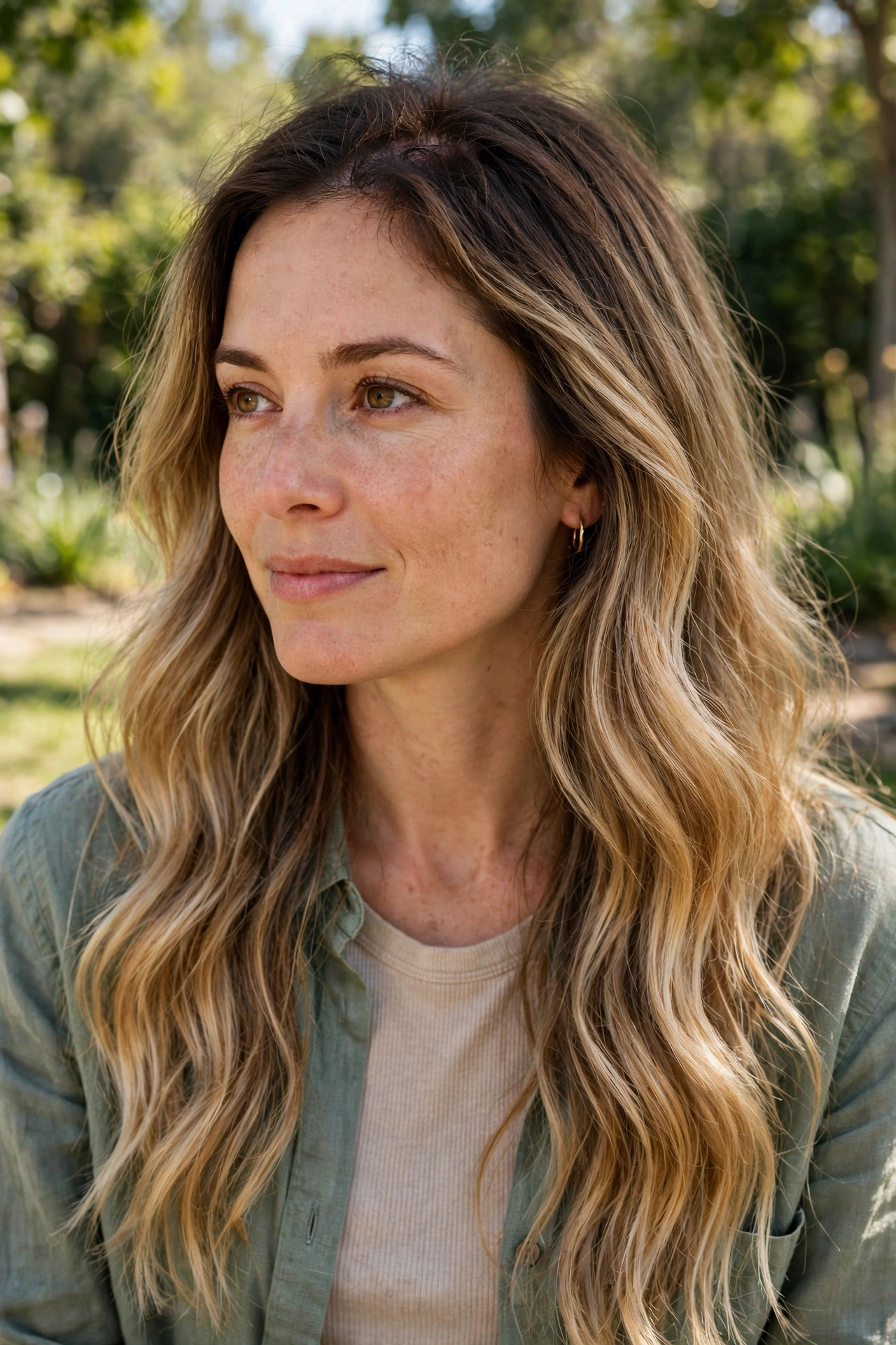 Long wavy hair with dark brown roots blending into golden blonde lengths, worn loose past the shoulders.