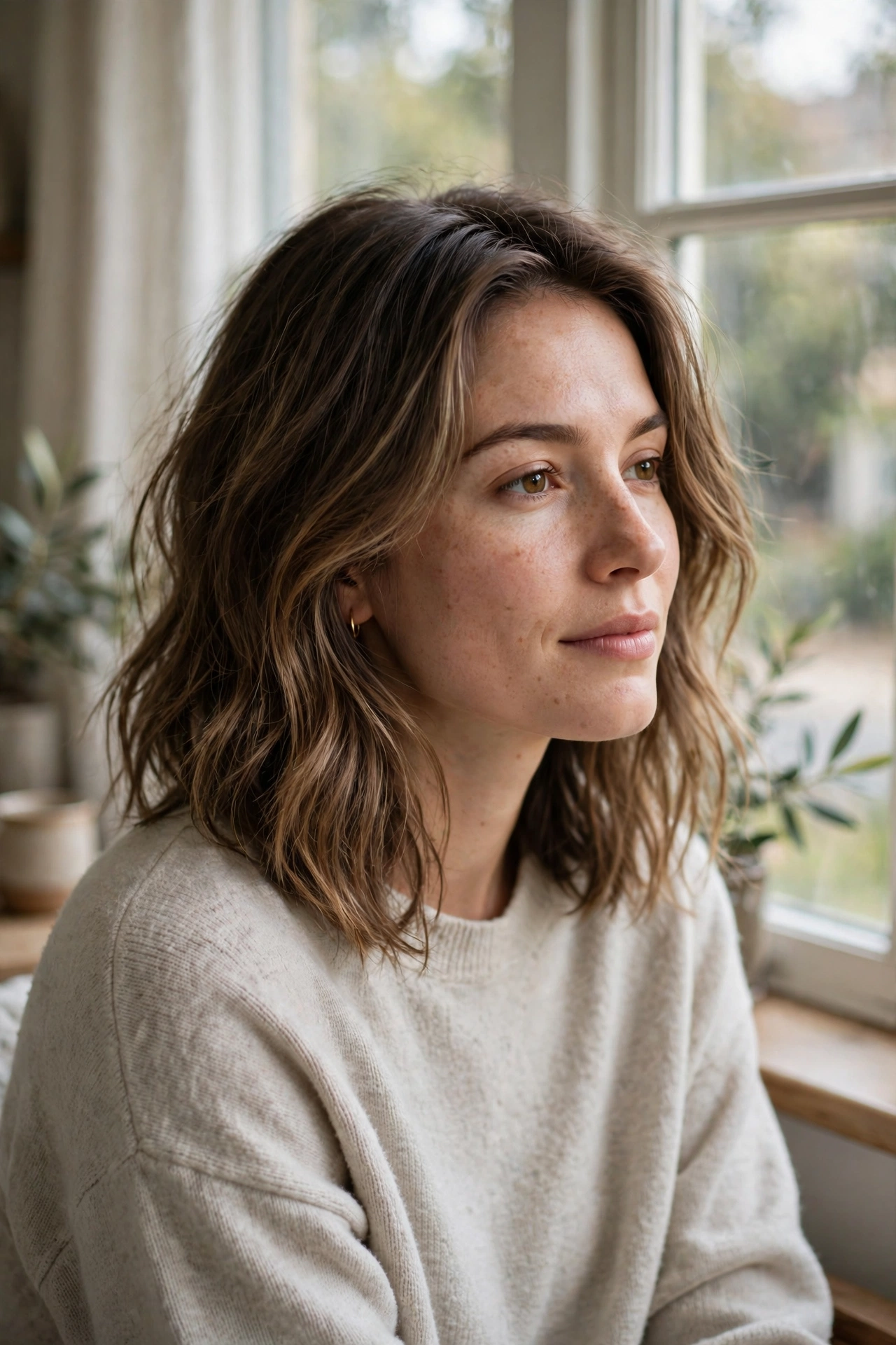 Shoulder-length wavy medium brown hair with subtle lighter brown highlights, worn loose in a soft side profile by a window.
