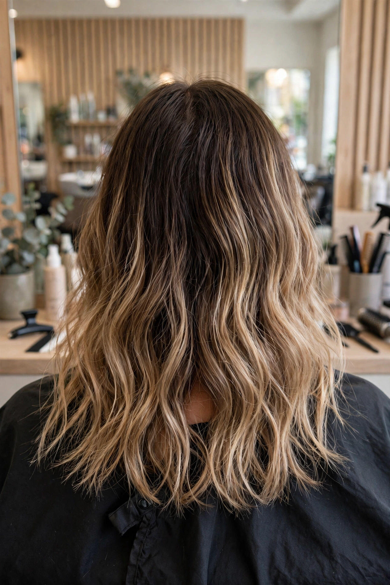 Back view of medium-length wavy hair with dark brown roots blending into golden blonde ends.