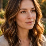 Medium-length wavy warm brown hair with warm golden-brown tones around the face, worn loose in sunlight.