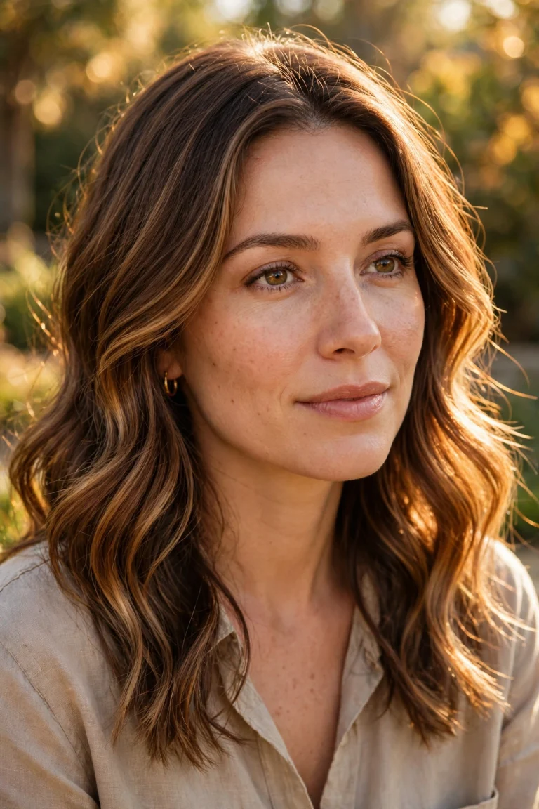 Medium-length wavy warm brown hair with warm golden-brown tones around the face, worn loose in sunlight.