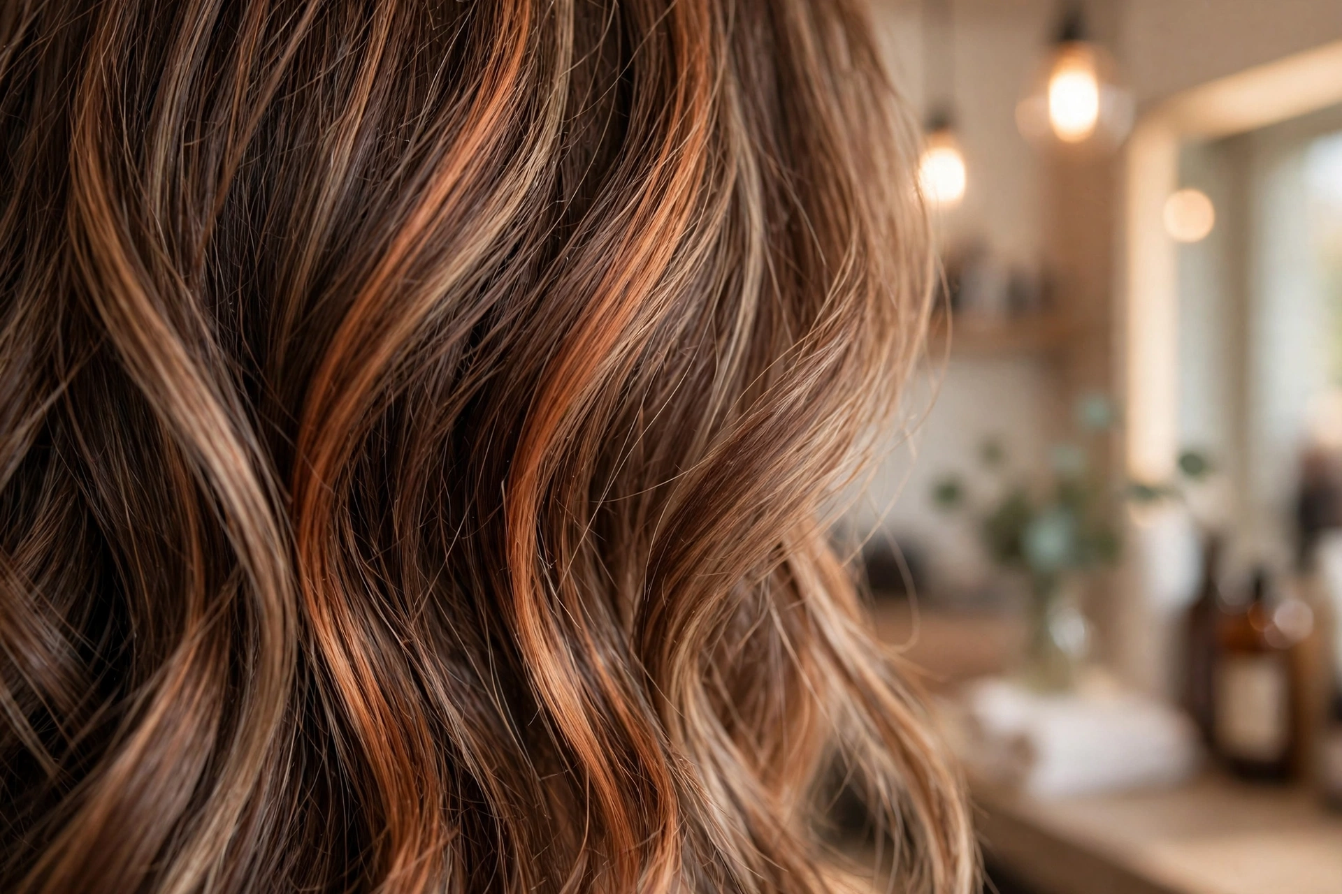 Close-up of wavy brown hair with warm copper and amber ribbons running through the lengths.
