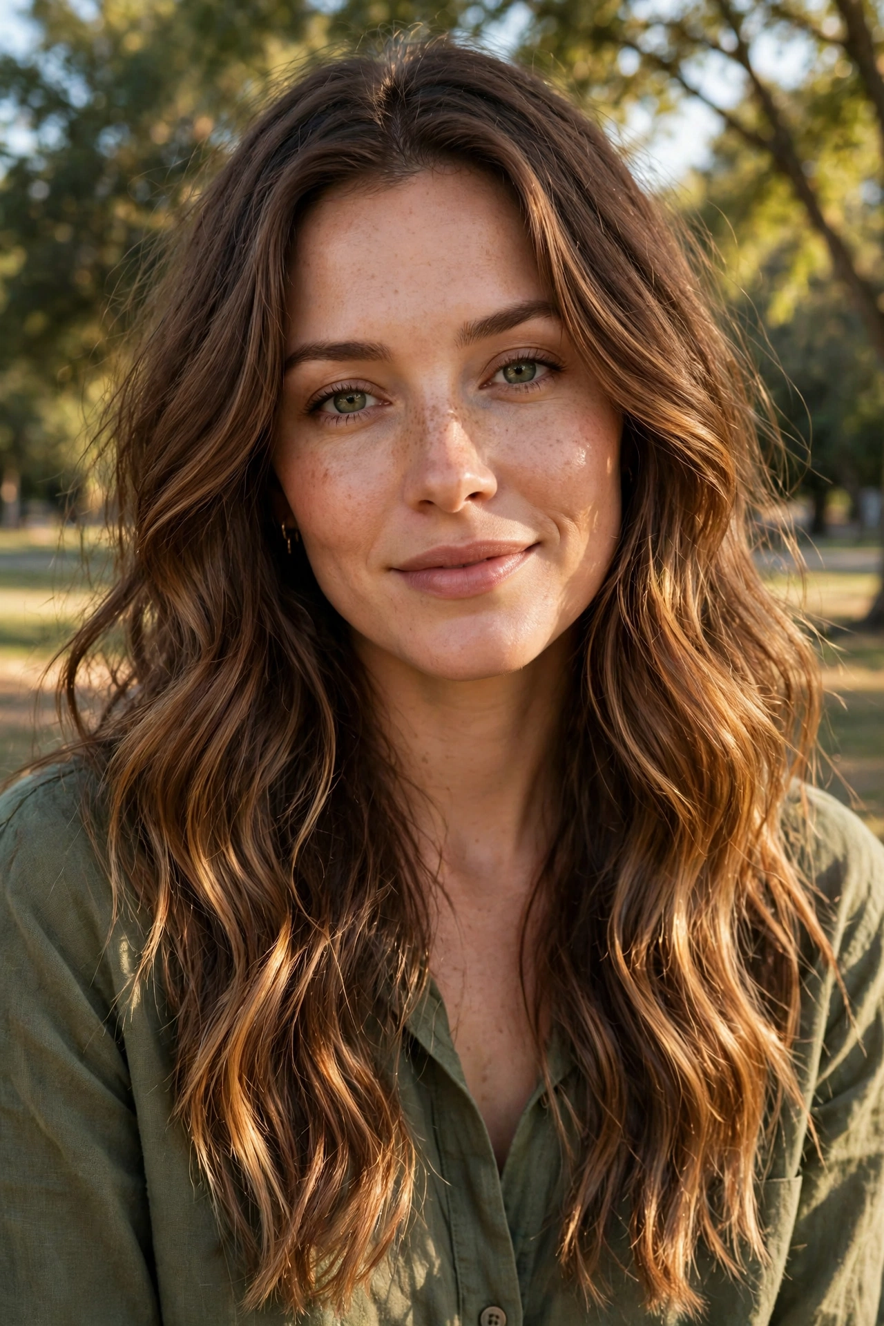Long wavy brown hair with warm caramel and golden tones, worn loose with a center part.