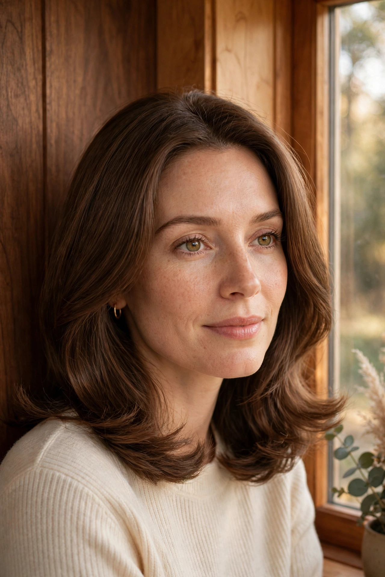 Medium brown shoulder-length hair with subtle warm light-brown tones around the face, worn smooth with softly curled ends.