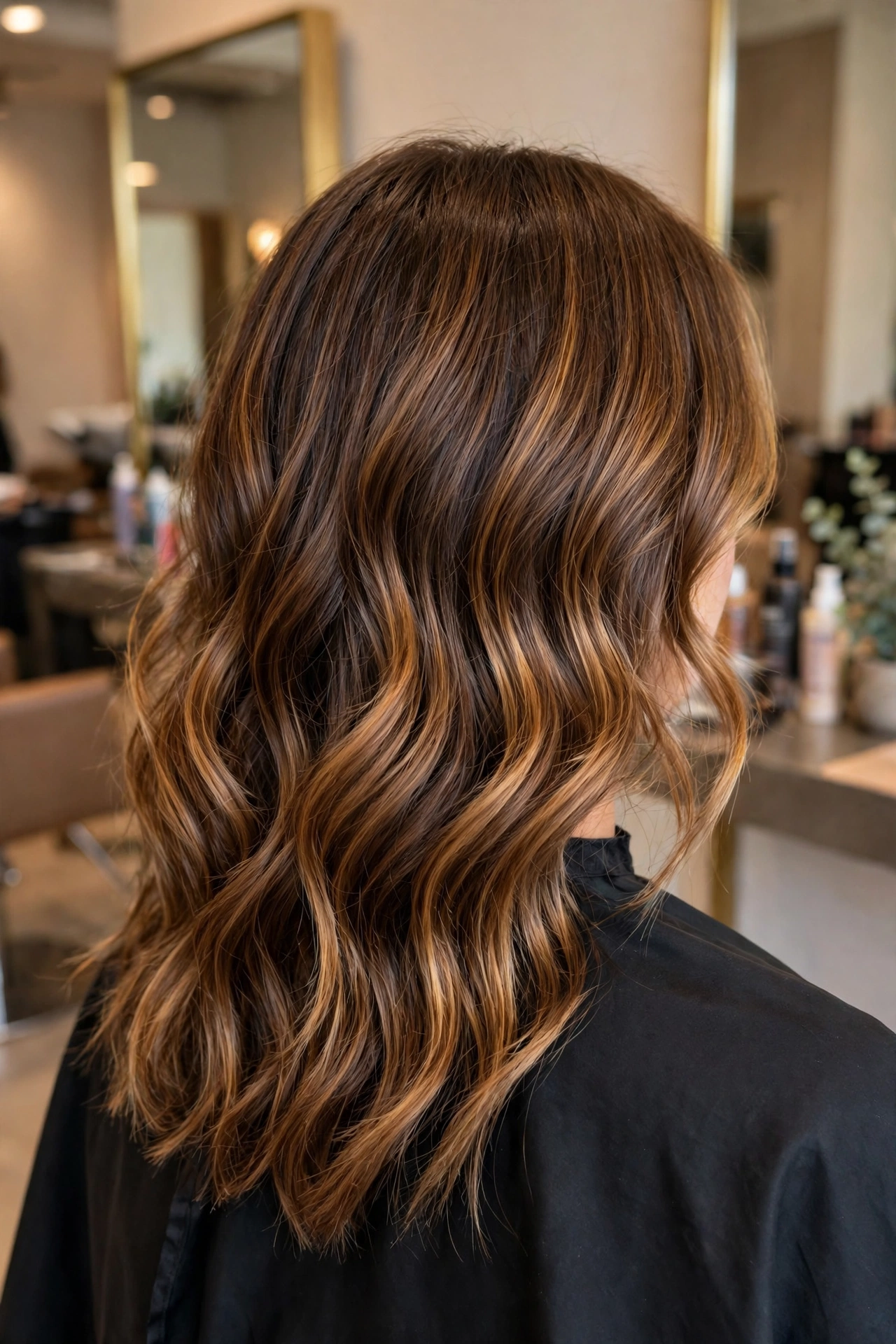 Back view of medium-length wavy brown hair with warm caramel highlights running through the lengths.