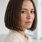Woman with a classic chin-length braided bob with an even blunt hem, standing in a bright modern studio with white walls, wearing a cream blouse, photographed from a three-quarter front angle in a clean bright style.