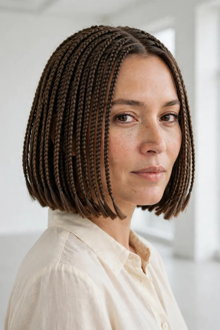 Woman with a classic chin-length braided bob with an even blunt hem, standing in a bright modern studio with white walls, wearing a cream blouse, photographed from a three-quarter front angle in a clean bright style.