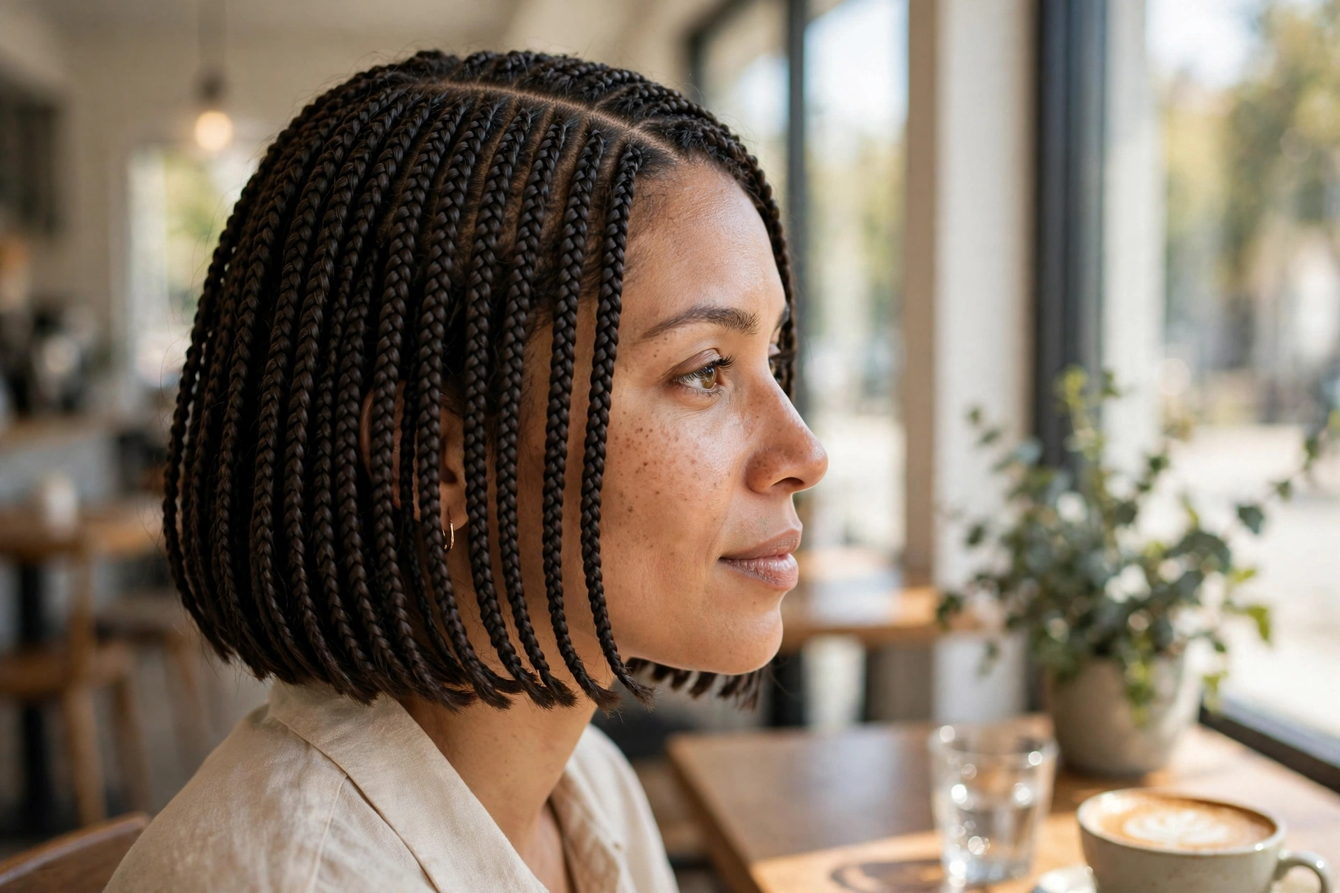 Woman with a chin-length braided bob with a clean center parting, sitting in a sunny café by a window, soft natural daylight, photographed from the side in a clean bright style.