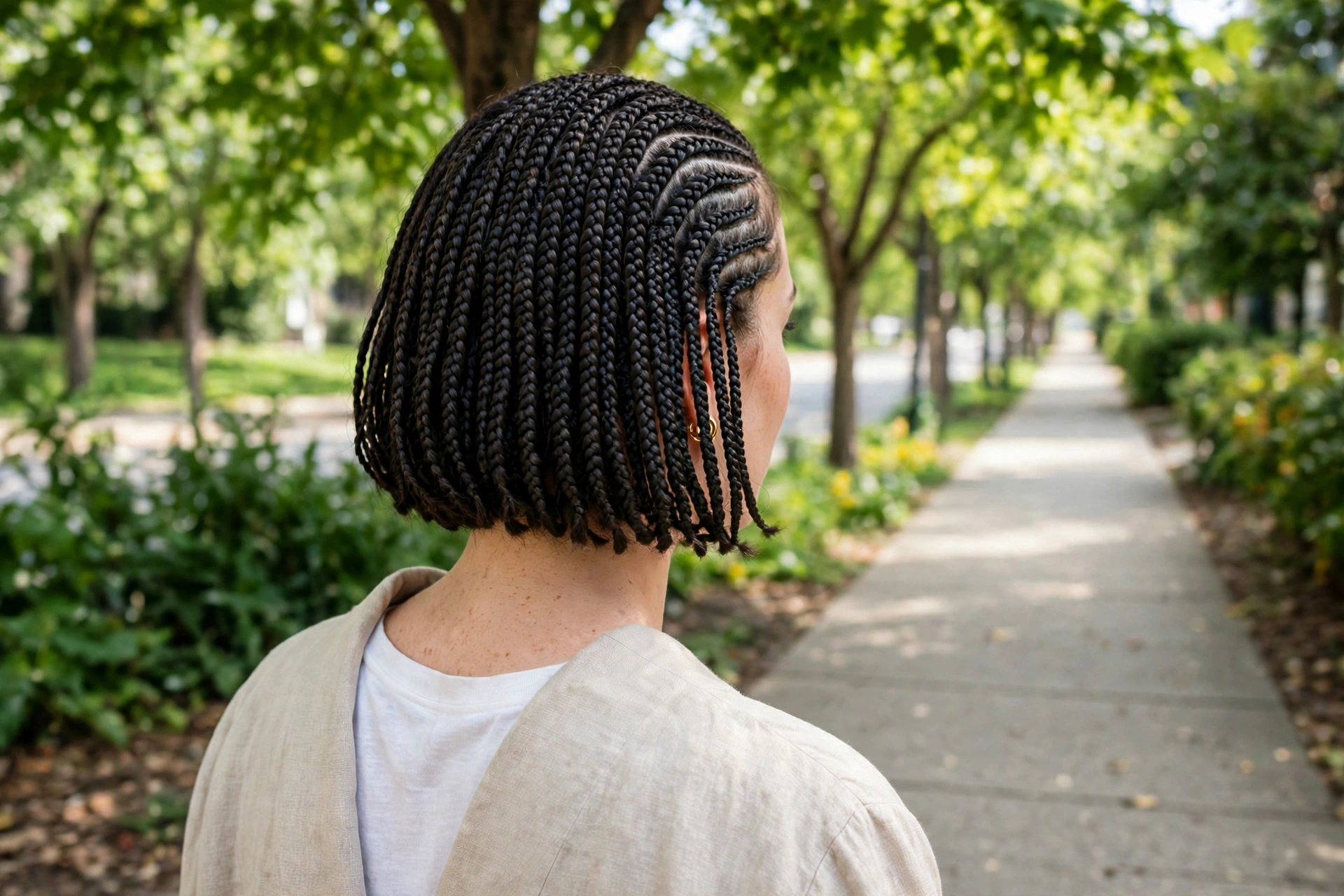 Woman with a fully braided chin-length bob seen from behind, walking outdoors on a leafy sidewalk in daylight, photographed from behind at a slight angle in a clean bright style.