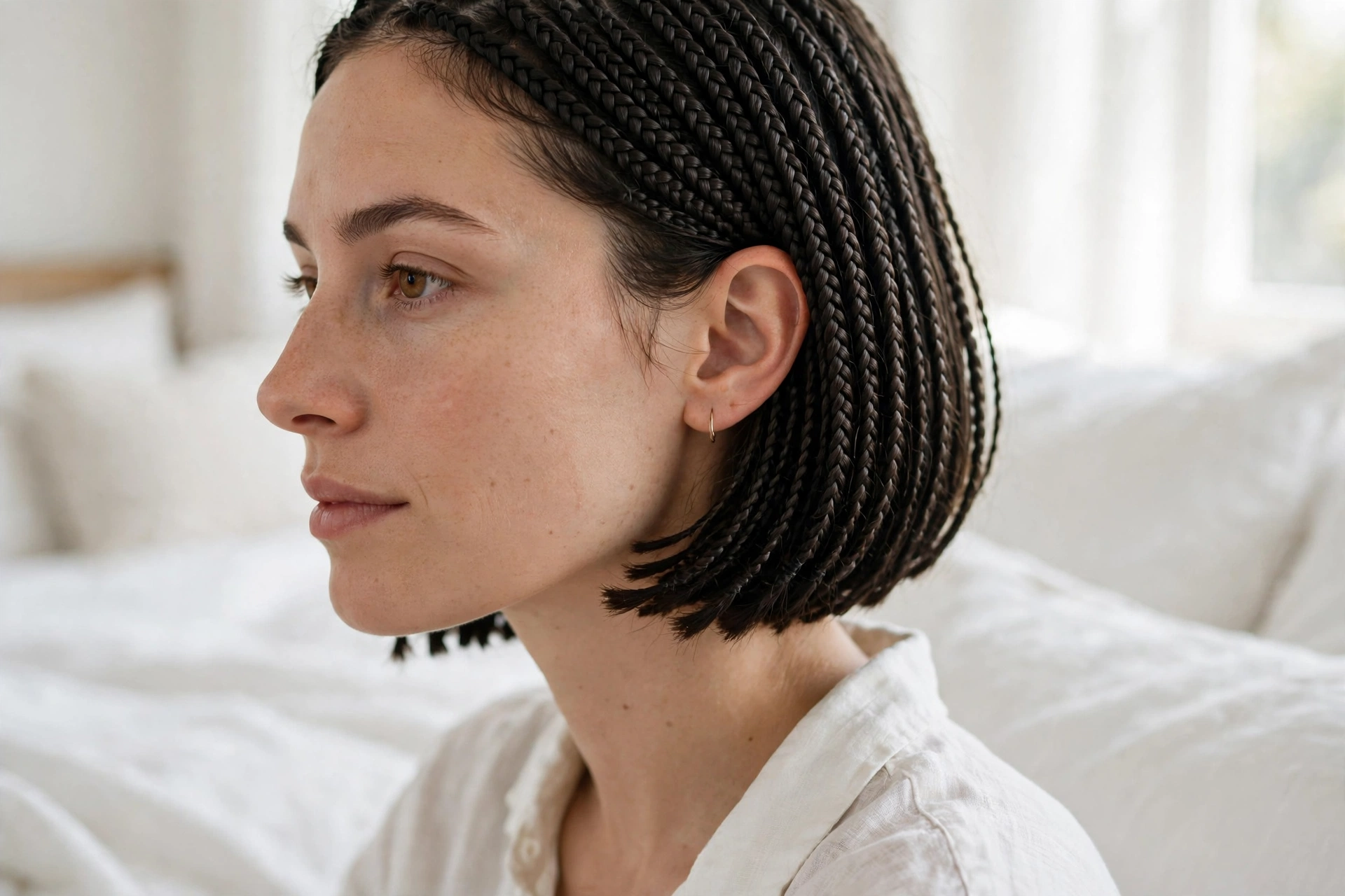 Close-up of a woman with a chin-length braided bob with fine uniform braids and a neat hairline, in a bright bedroom with white bedding, soft window light, photographed from a close side angle in a clean bright style.