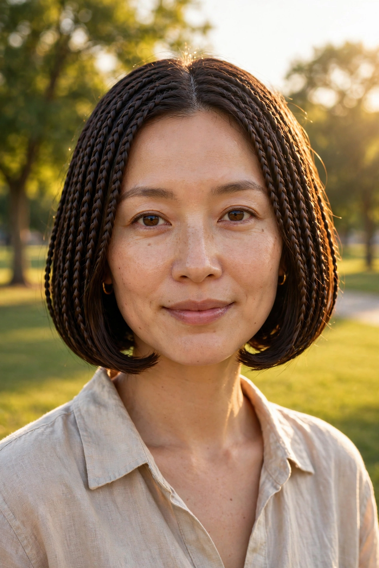 Woman with a chin-length braided bob with a gentle inward curve at the ends, standing in a bright park in golden afternoon light, photographed from the front in a clean bright style.