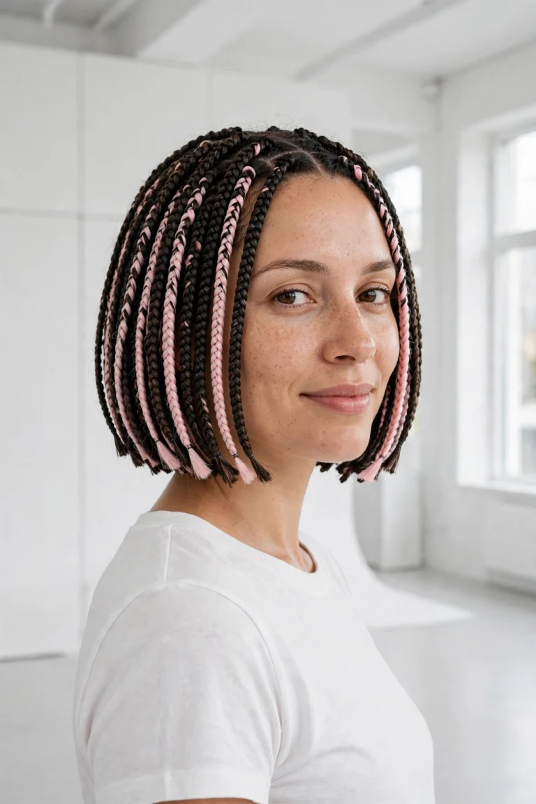 Woman with a chin-length braided bob featuring pastel pink accent braids among natural dark braids, standing in a bright modern studio with white walls, wearing a white top, photographed from a three-quarter front angle in a clean bright style.