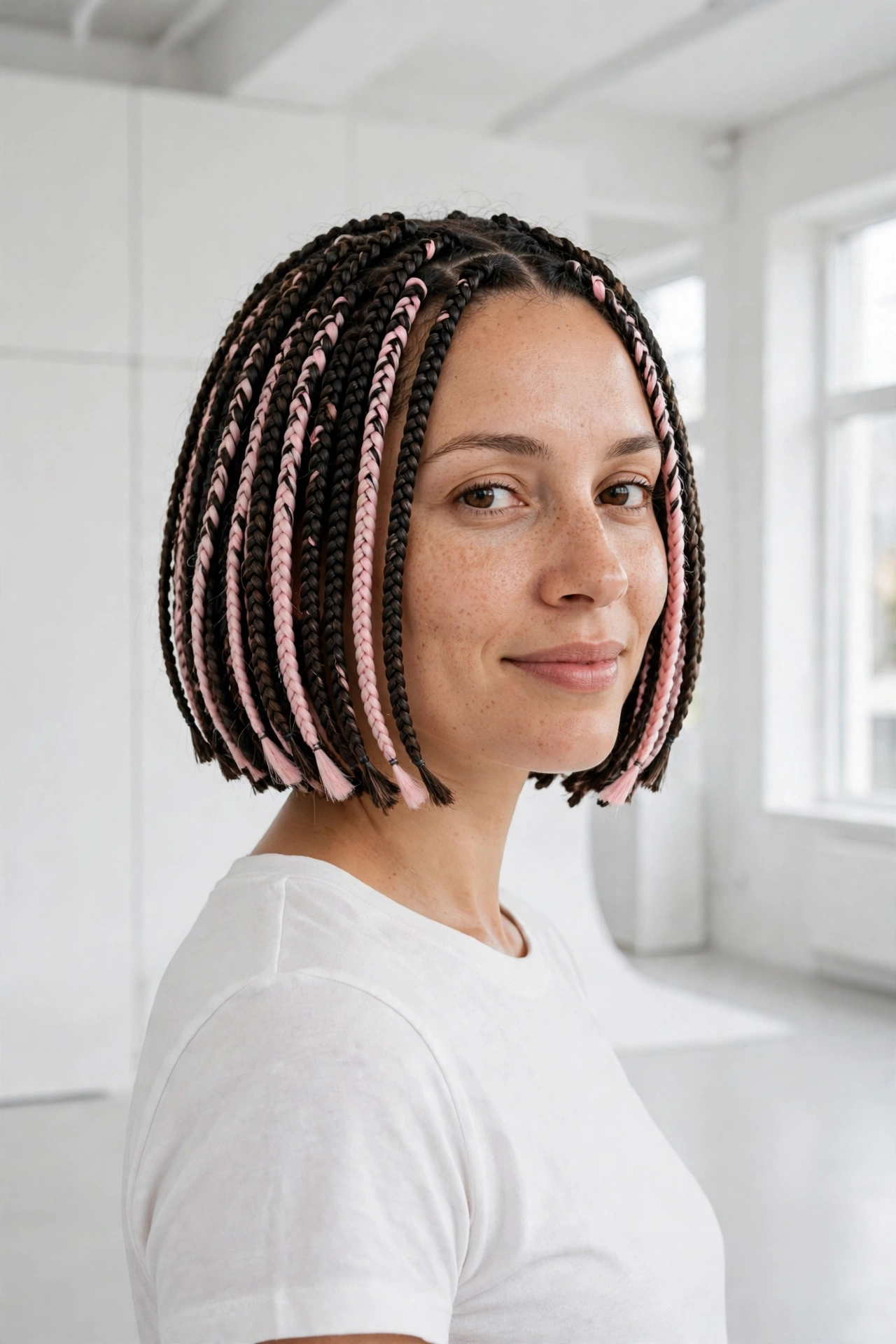 Woman with a chin-length braided bob featuring pastel pink accent braids among natural dark braids, standing in a bright modern studio with white walls, wearing a white top, photographed from a three-quarter front angle in a clean bright style.