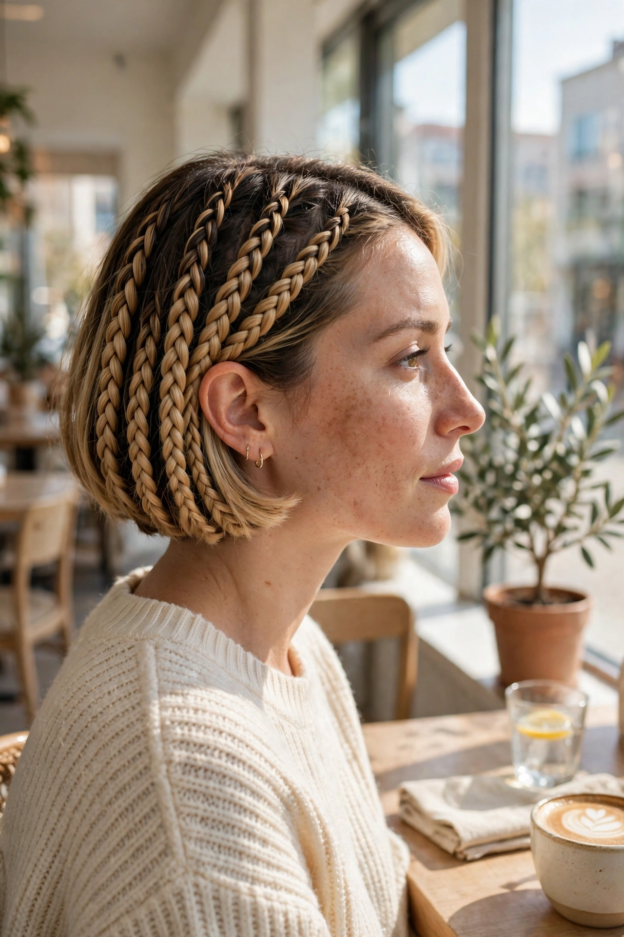 Woman with a braided bob with honey blonde color melt from dark roots, sitting in a sunny café by a window, soft natural daylight, photographed from the side in a clean bright style.
