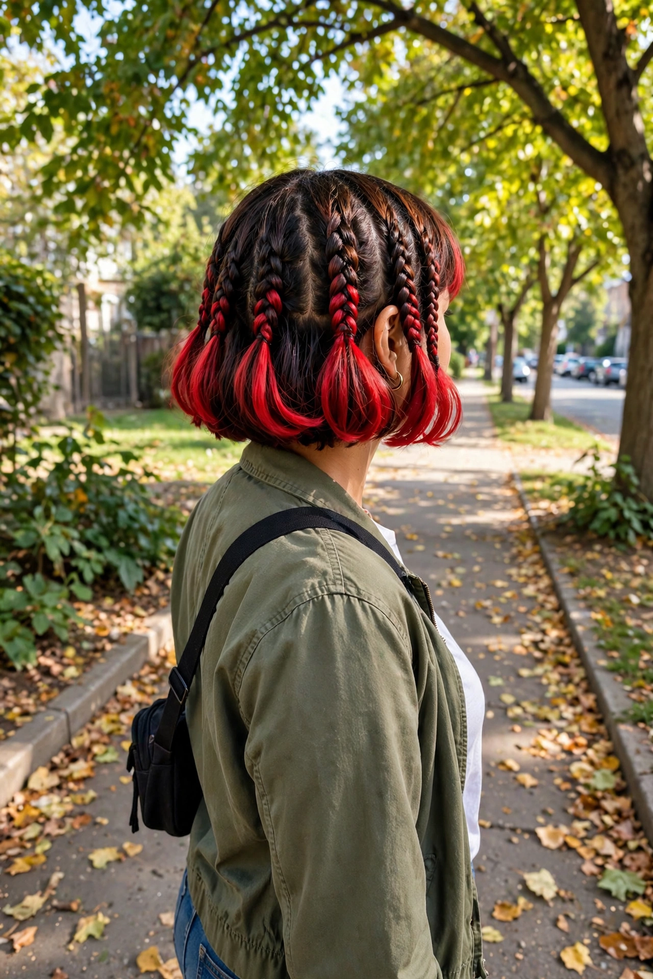Woman with a braided bob with bold red ends and natural roots, walking outdoors on a leafy sidewalk in daylight, photographed from behind at a slight angle in a clean bright style.
