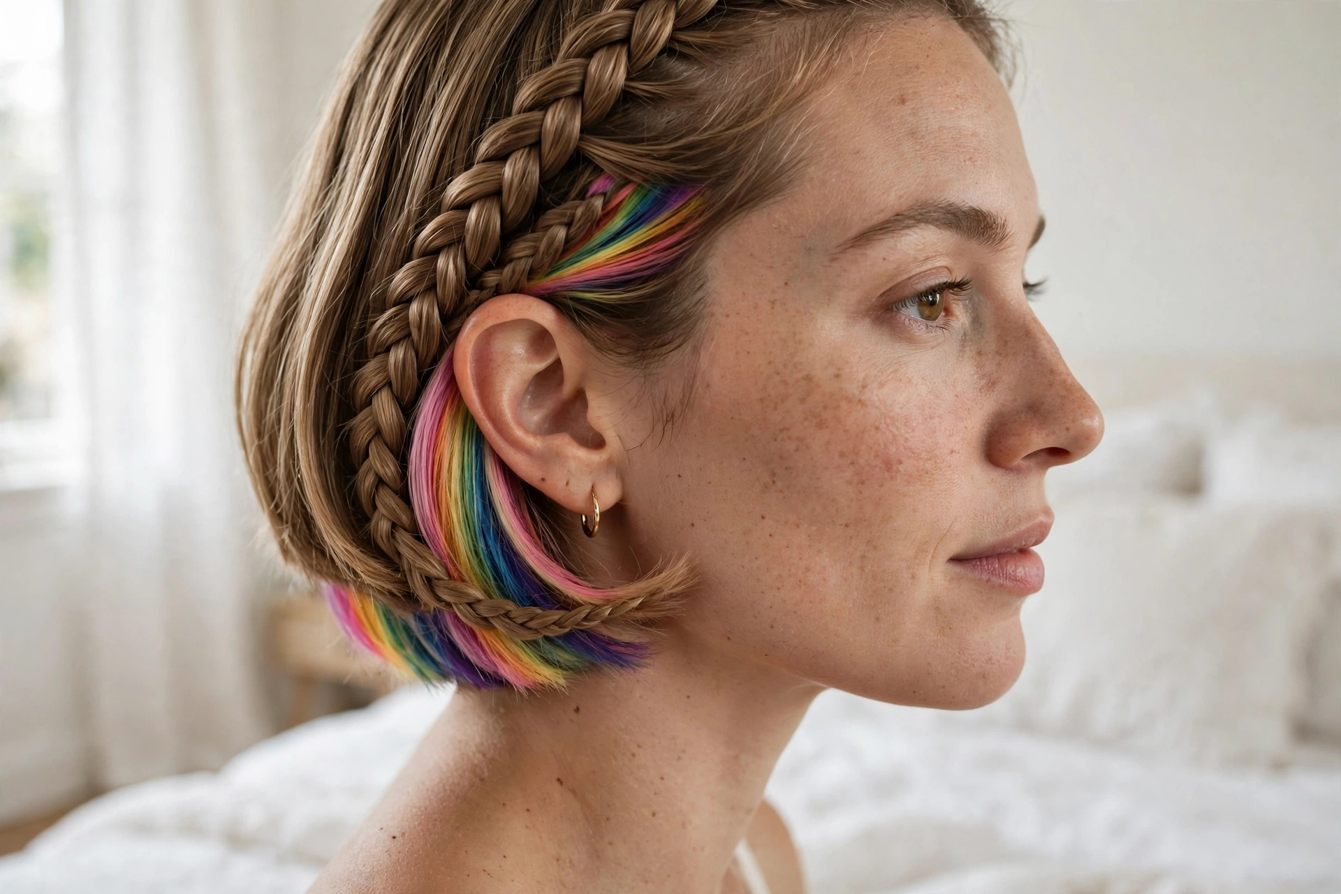 Close-up of a woman with a braided bob featuring a hidden rainbow underlayer peeking through, in a bright bedroom with white bedding, soft window light, photographed from a close side angle in a clean bright style.