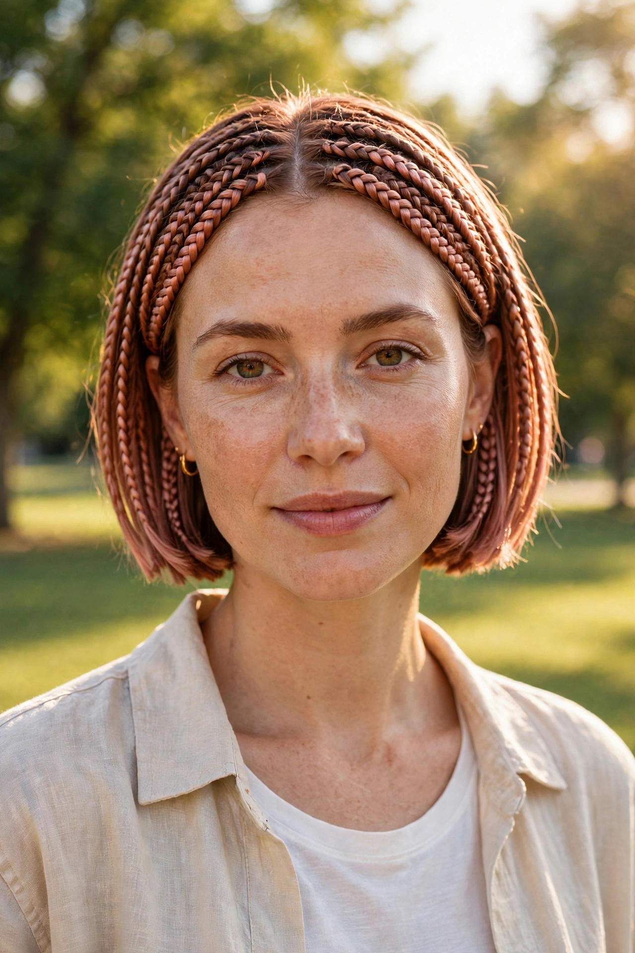 Woman with a braided bob in copper and rose gold tones, standing in a bright park in golden afternoon light, photographed from the front in a clean bright style.
