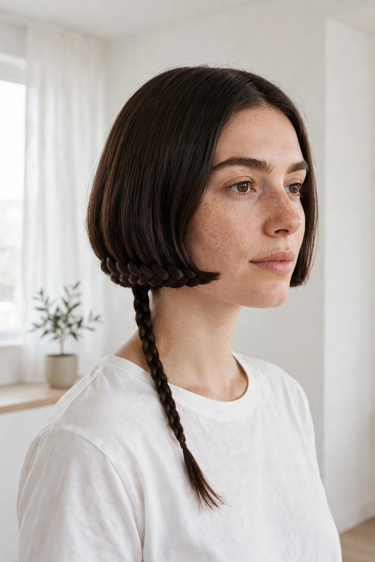 Woman with a single slim braid and a blunt minimalist braided bob, wearing a simple white shirt, standing in a bright minimal apartment with white walls, soft daylight, photographed from a three-quarter front angle in a clean bright style.