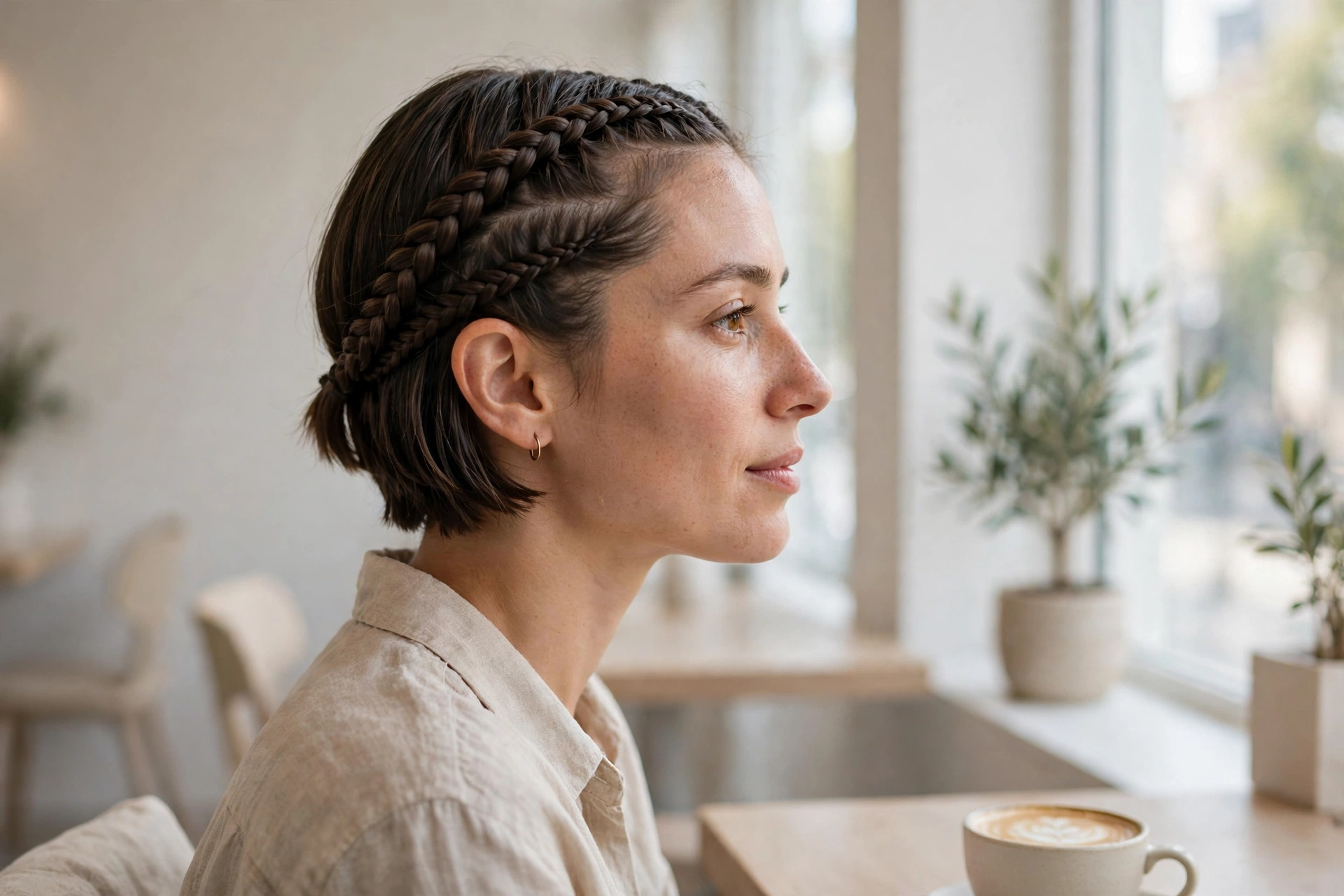 Woman with slim crown braids and a tapered minimalist braided bob, sitting in a bright minimal café by a window, soft natural light, photographed from the side in a clean bright style.