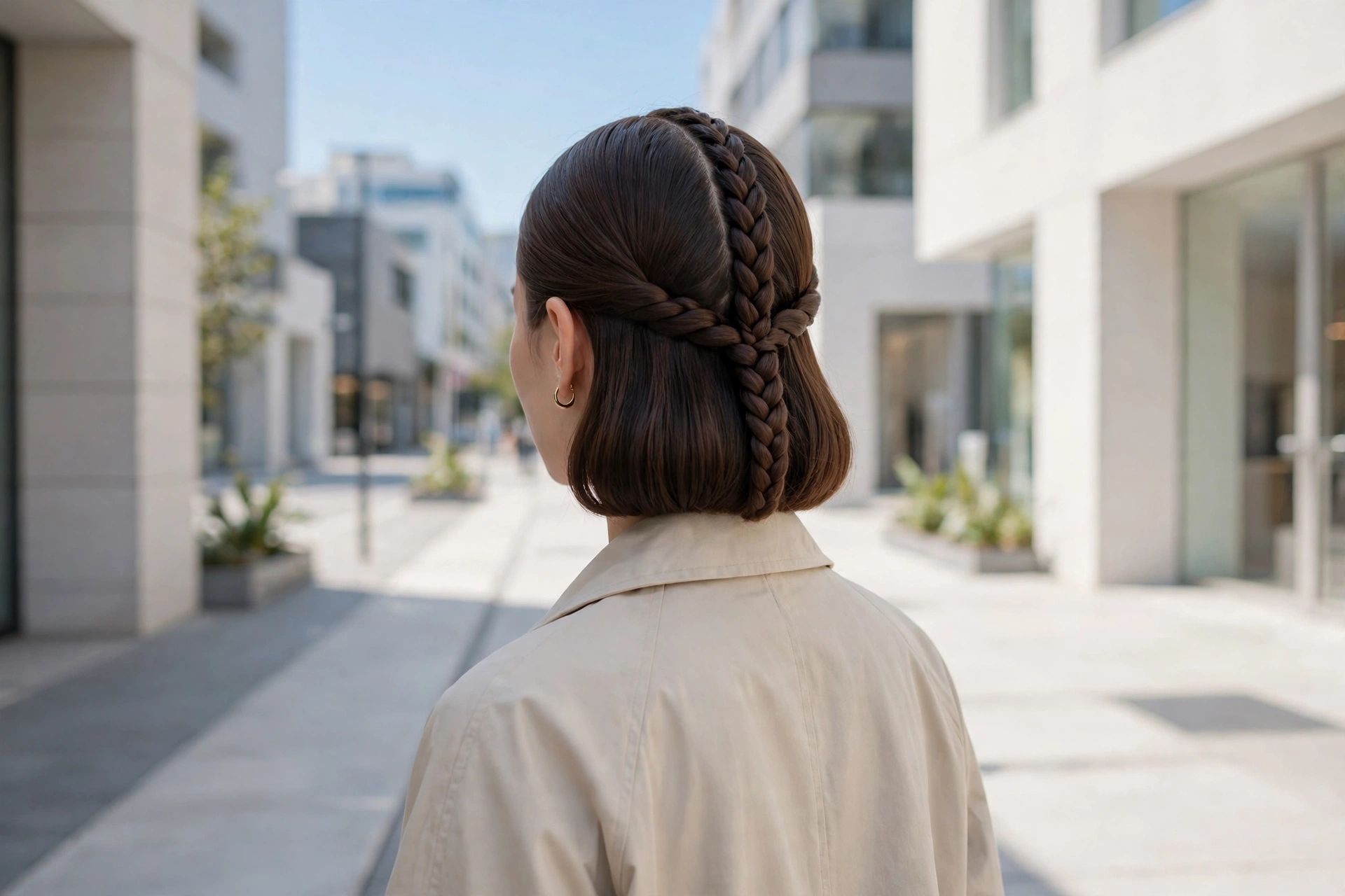 Woman with a centre braid panel and a smooth minimalist braided bob, walking outdoors on a bright minimal city sidewalk, photographed from behind at a slight angle in a clean bright style.