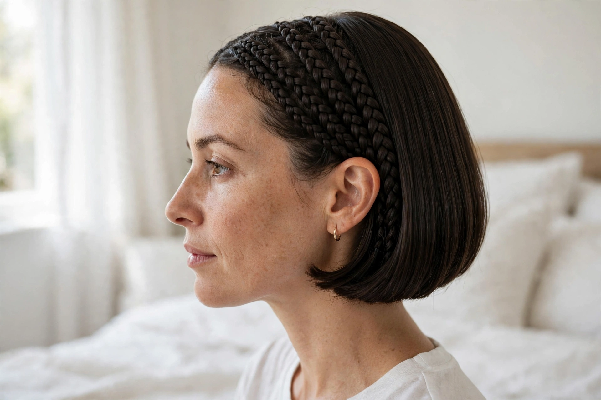 Close-up of a woman with a glass-smooth minimalist braided bob, in a bright bedroom with white bedding and soft window light, photographed from a close side angle in a clean bright style.