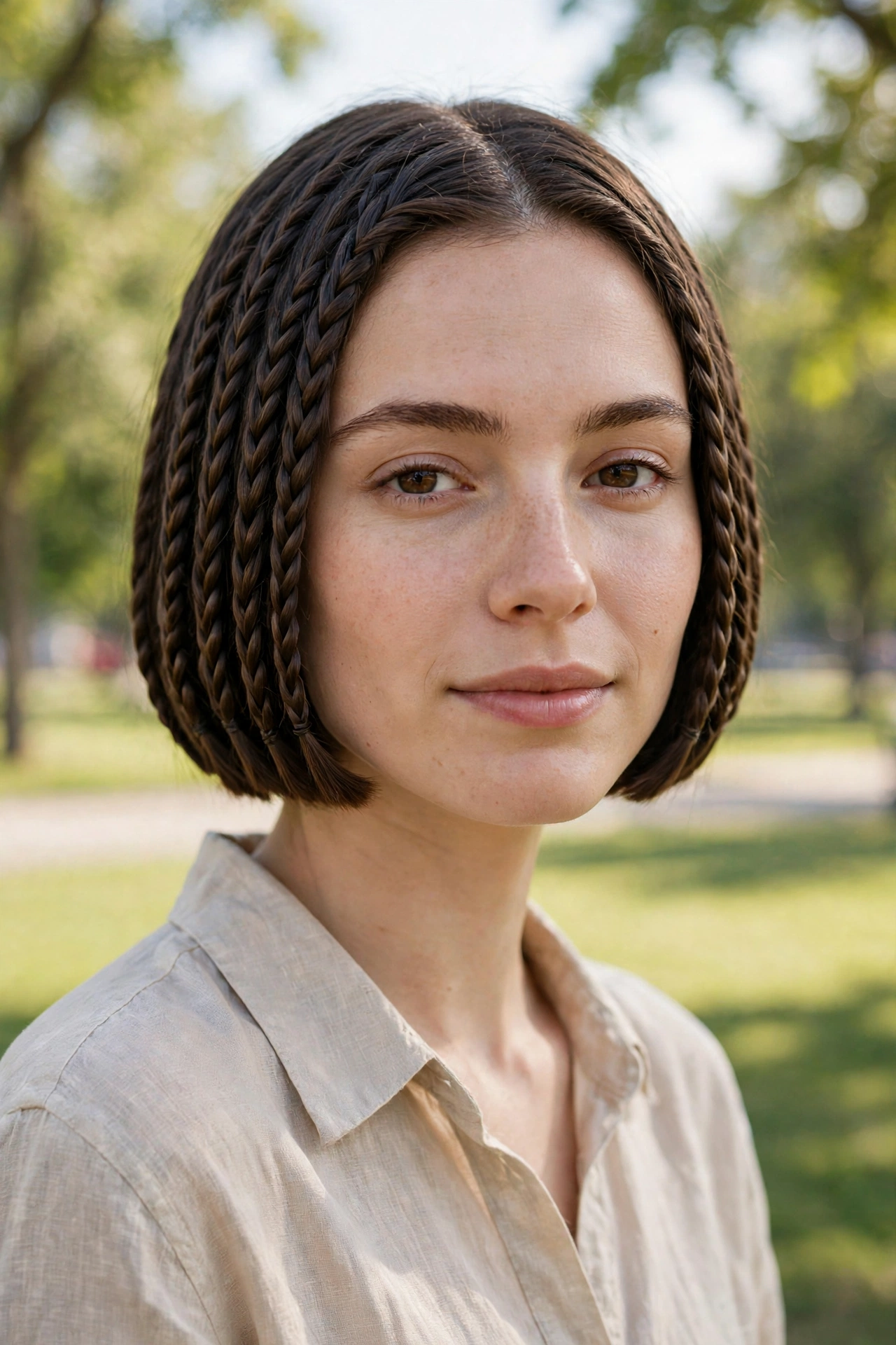 Woman with a blunt jaw-length minimalist braided bob, standing in a bright park in soft afternoon light, photographed from the front in a clean bright style.