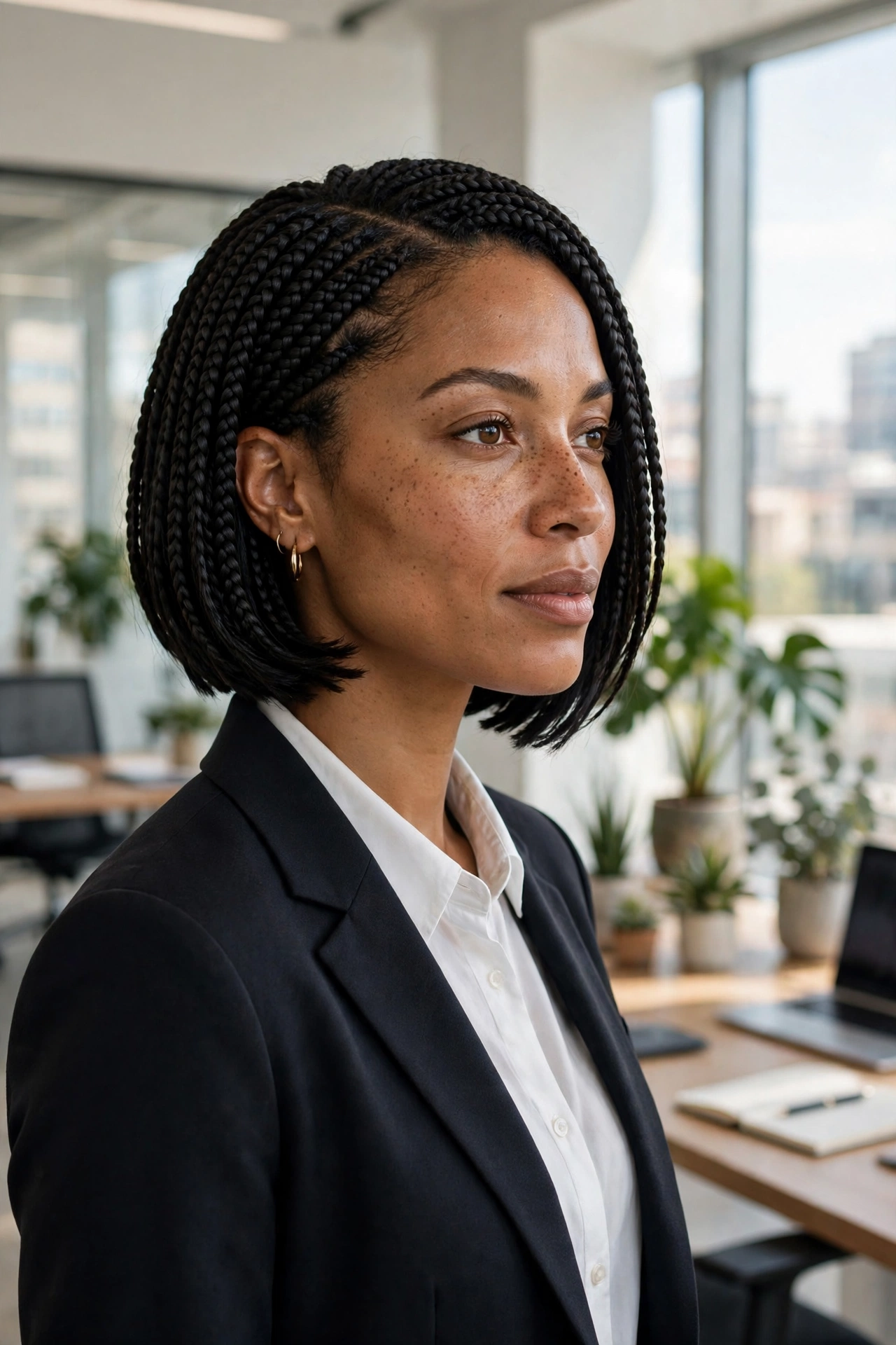 Woman with a sleek knotless box braid bob and a graduated stacked cut, wearing a dark tailored blazer, standing in a bright modern office with large windows, soft daylight, photographed from a three-quarter front angle in a clean bright style.