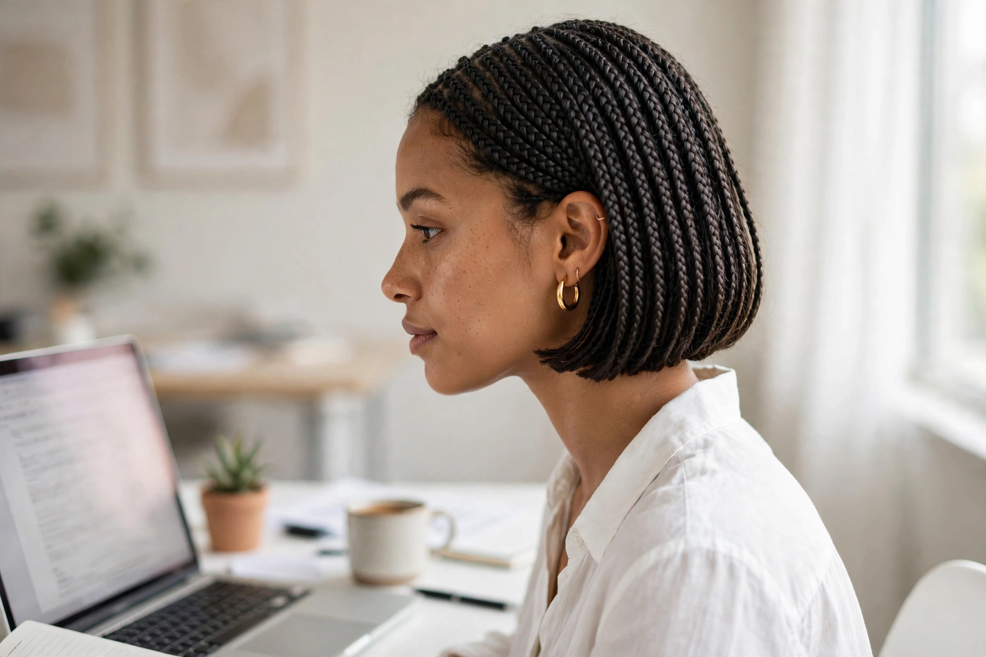 Woman with fine stitch braids and a blunt jaw-length braided bob, sitting at a bright office desk with a laptop, wearing a white blouse, soft natural light, photographed from the side in a clean bright style.