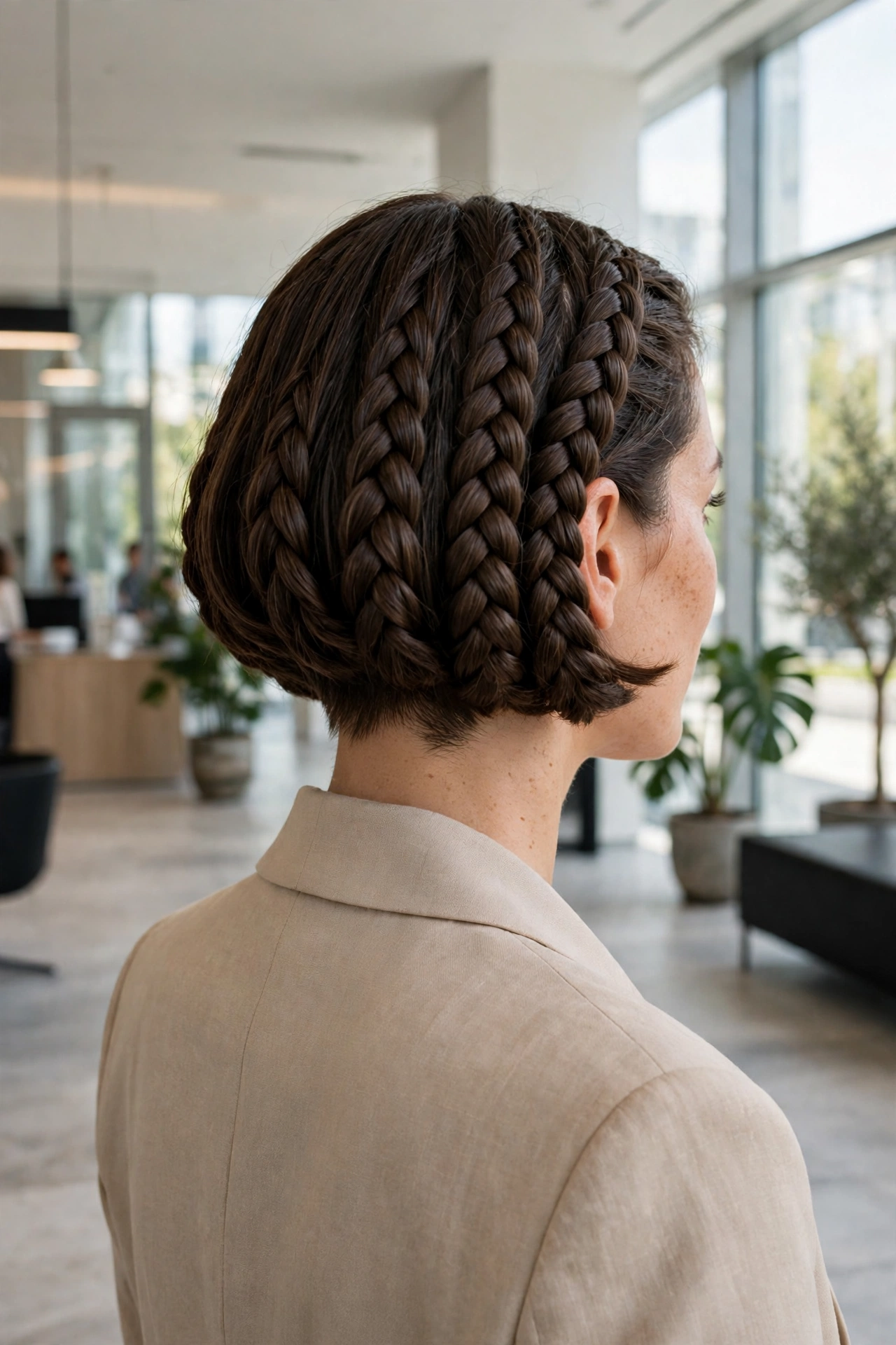Woman with a goddess braid bob and a tapered nape, standing in a bright office lobby in daylight, wearing a beige suit, photographed from behind at a slight angle in a clean bright style.