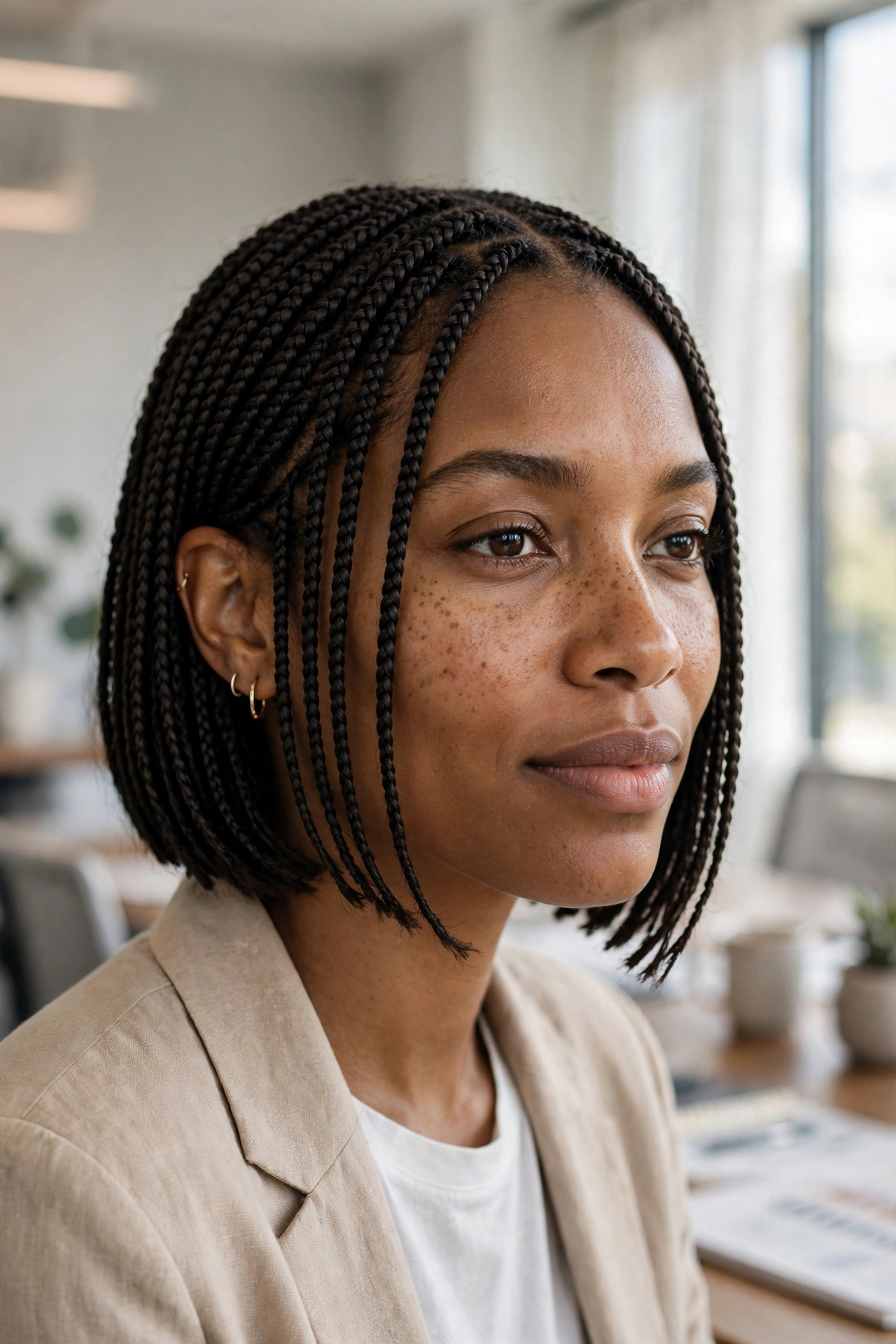 Close-up of a woman with micro braids and a precision A-line braided bob, in a bright meeting room with soft window light, photographed from a close three-quarter angle in a clean bright style.